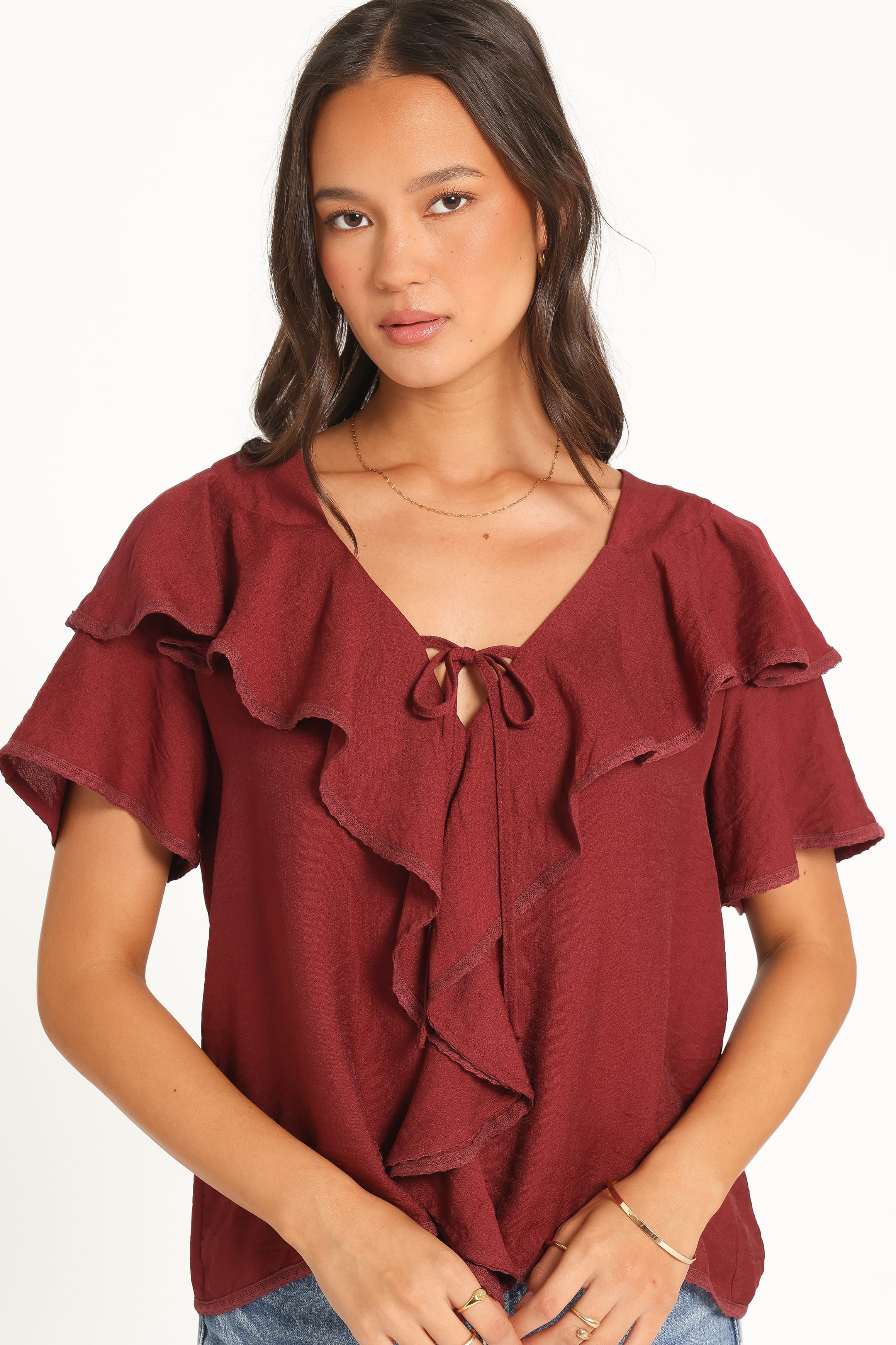 TOPS Delores Ruffle Top - Wine