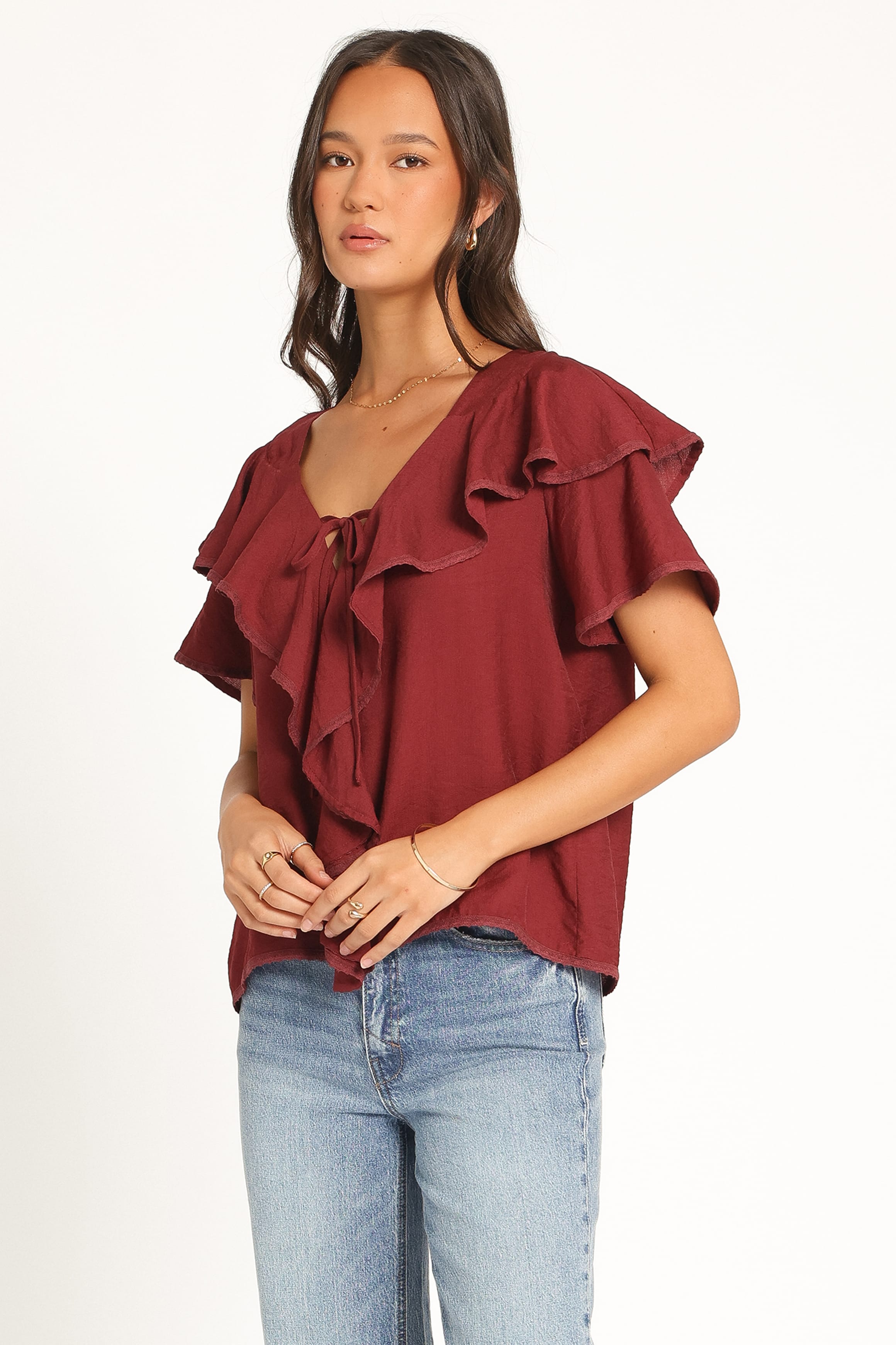 TOPS Delores Ruffle Top - Wine