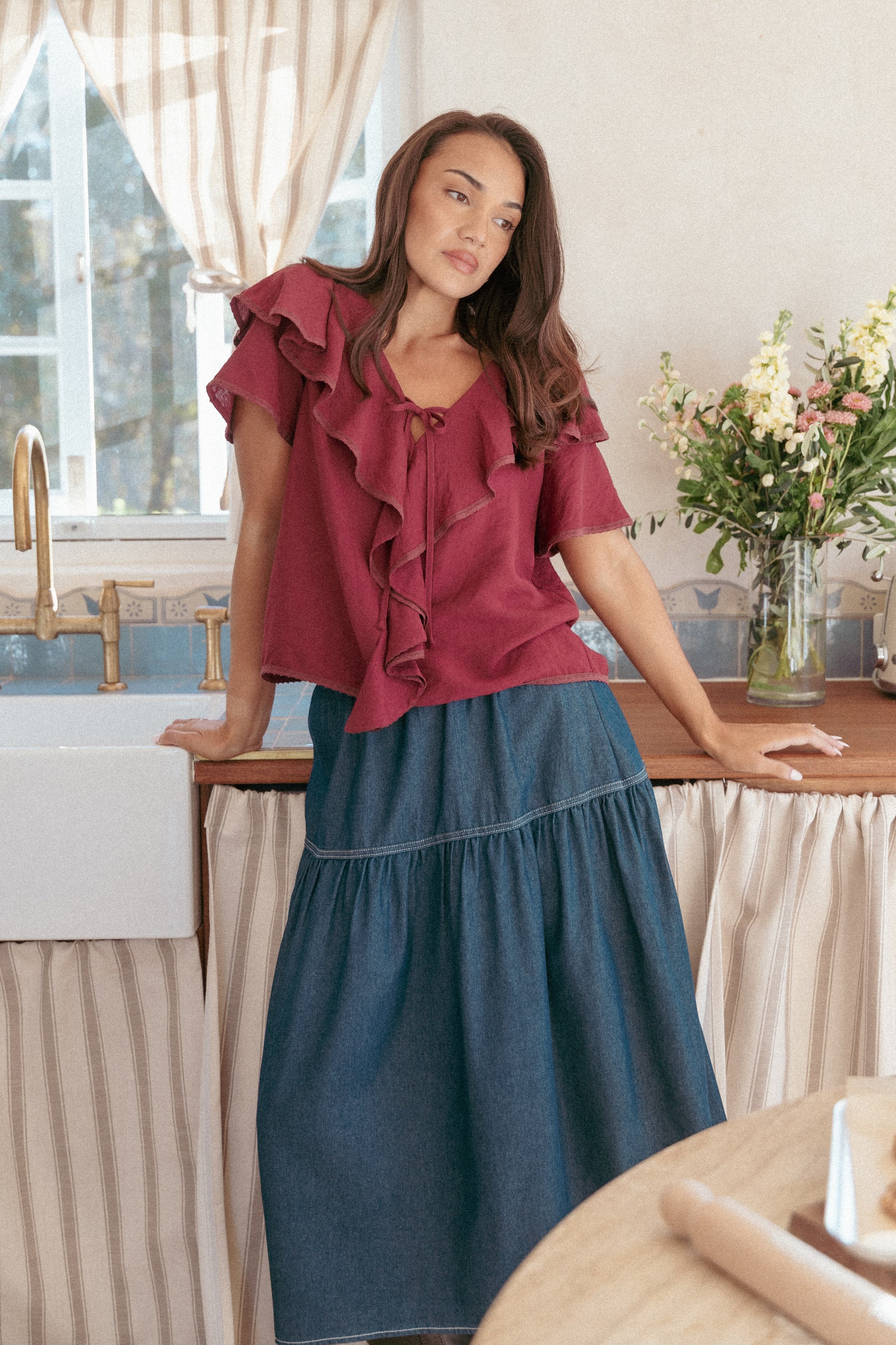 TOPS Delores Ruffle Top - Wine