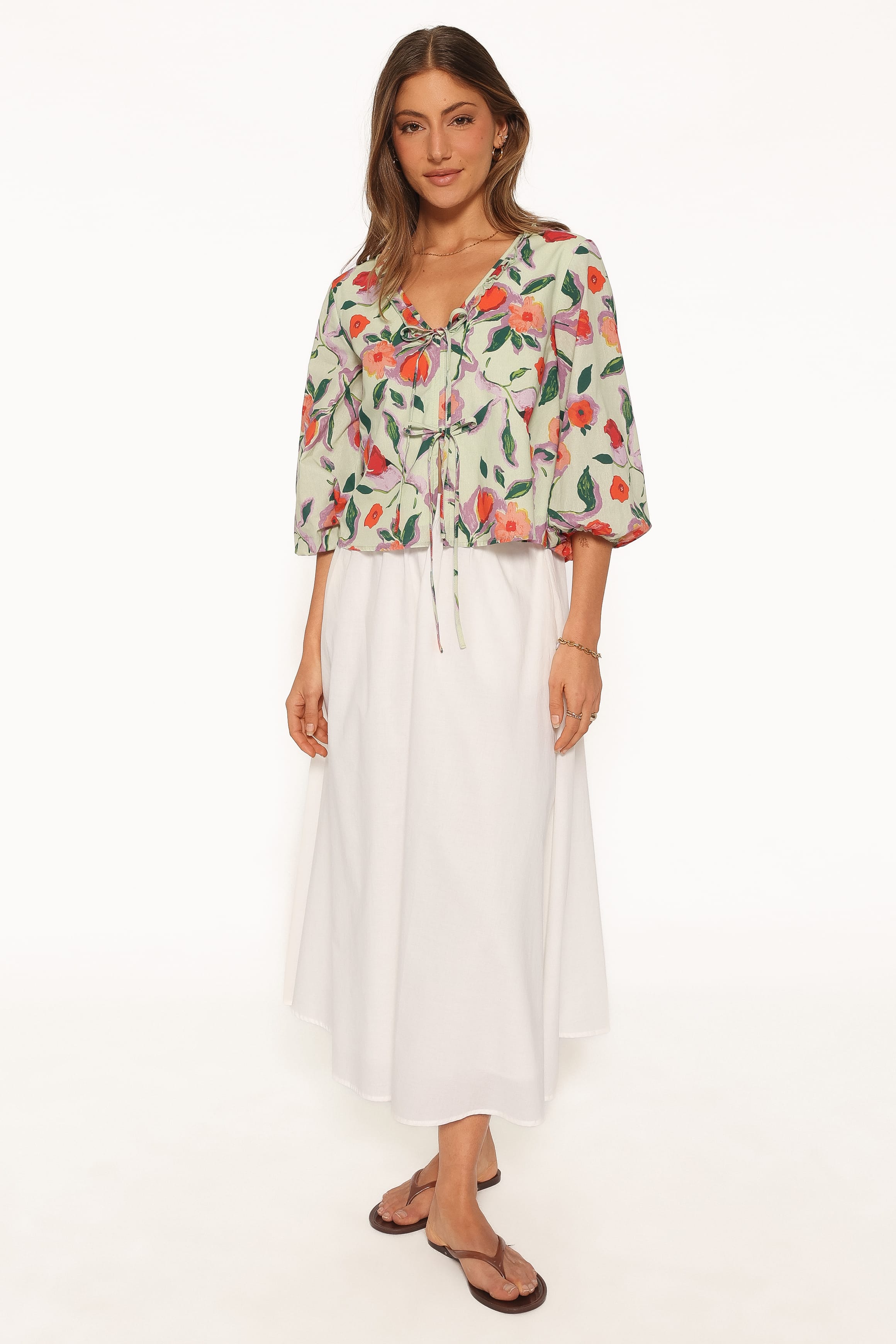 TOPS Fainche Front Tie Top - Green Painted Floral