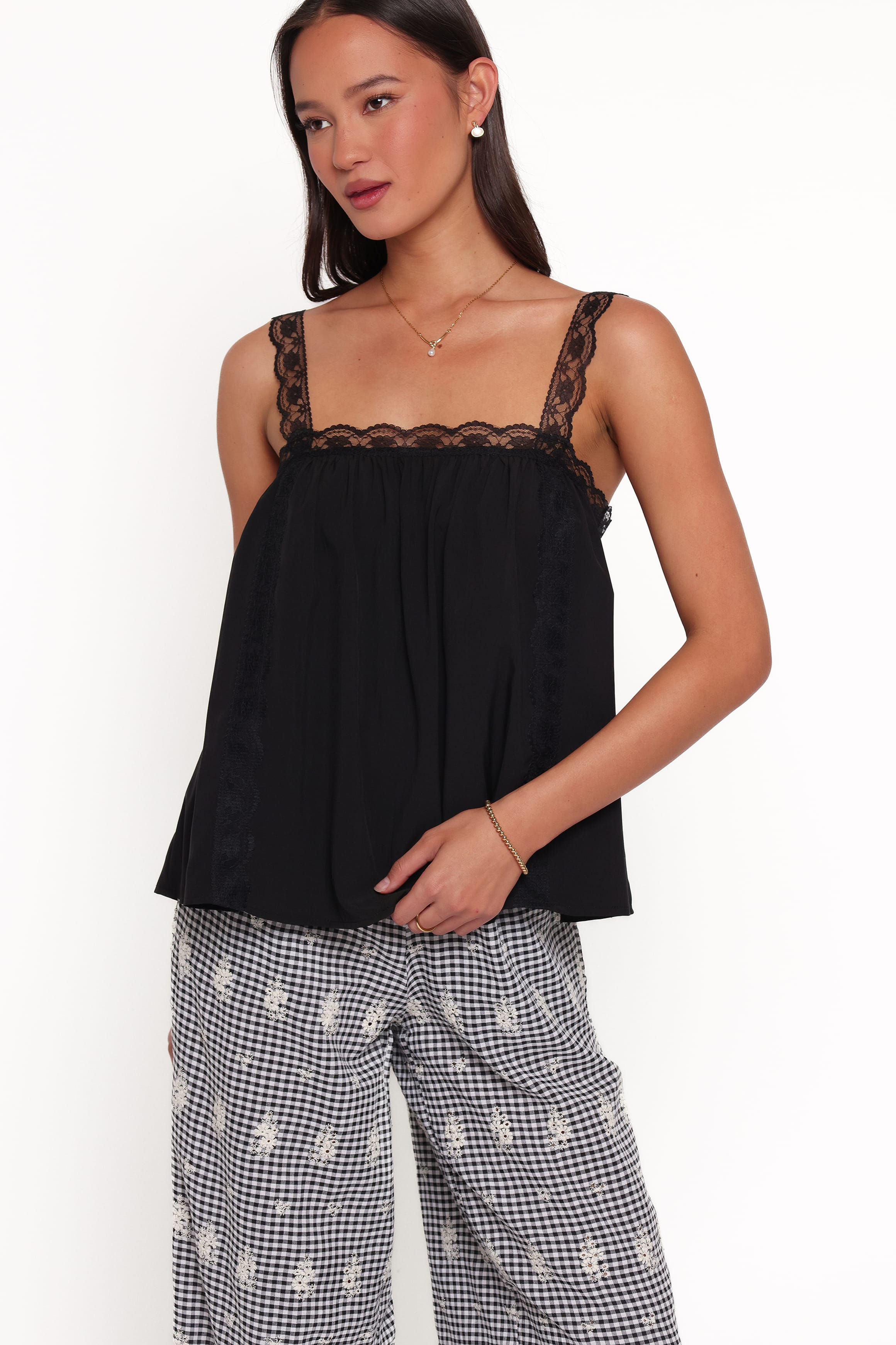TOPS Imme Lace Trim Top - Black