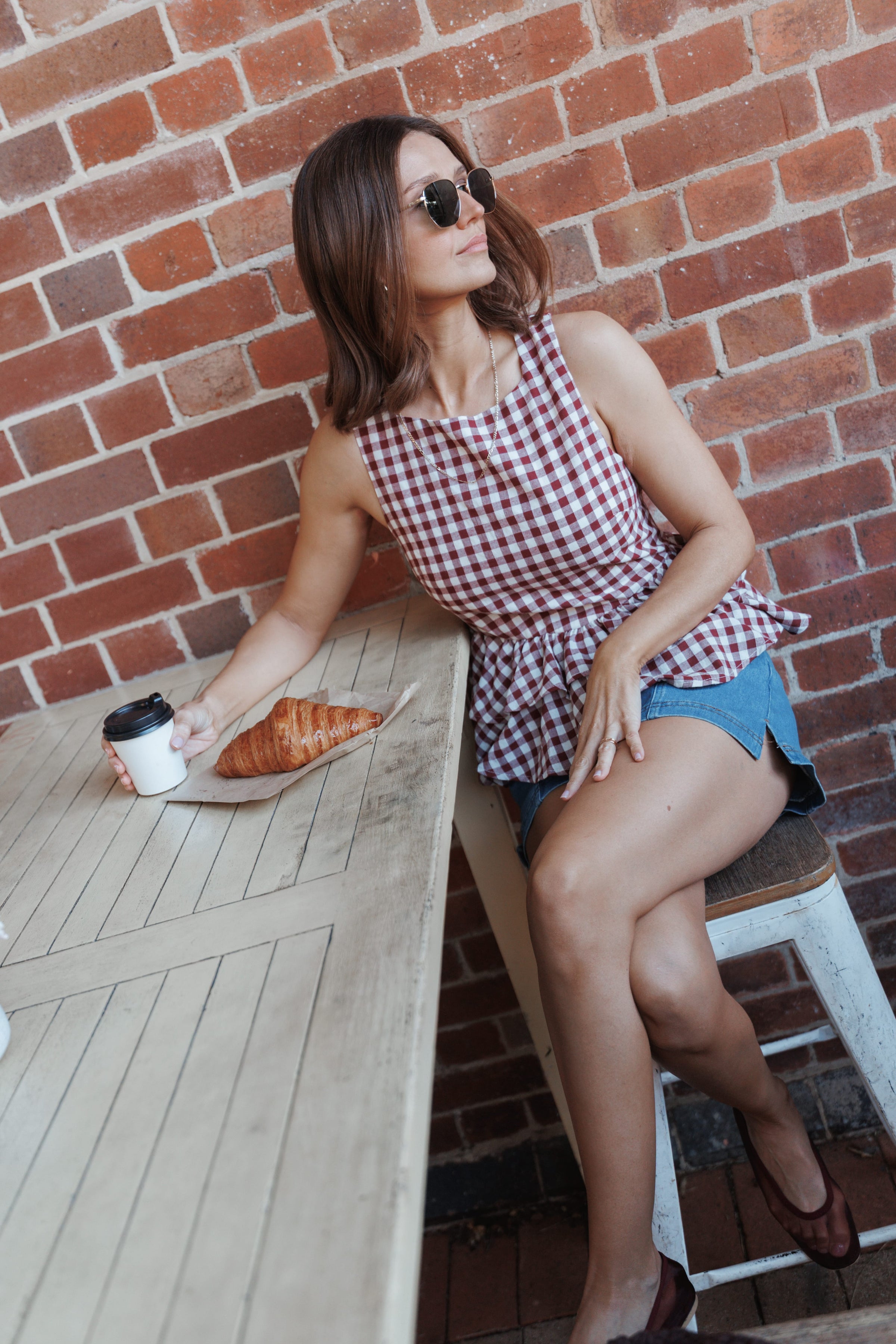 TOPS Landon Tiered Peplum Top - Burgundy Gingham
