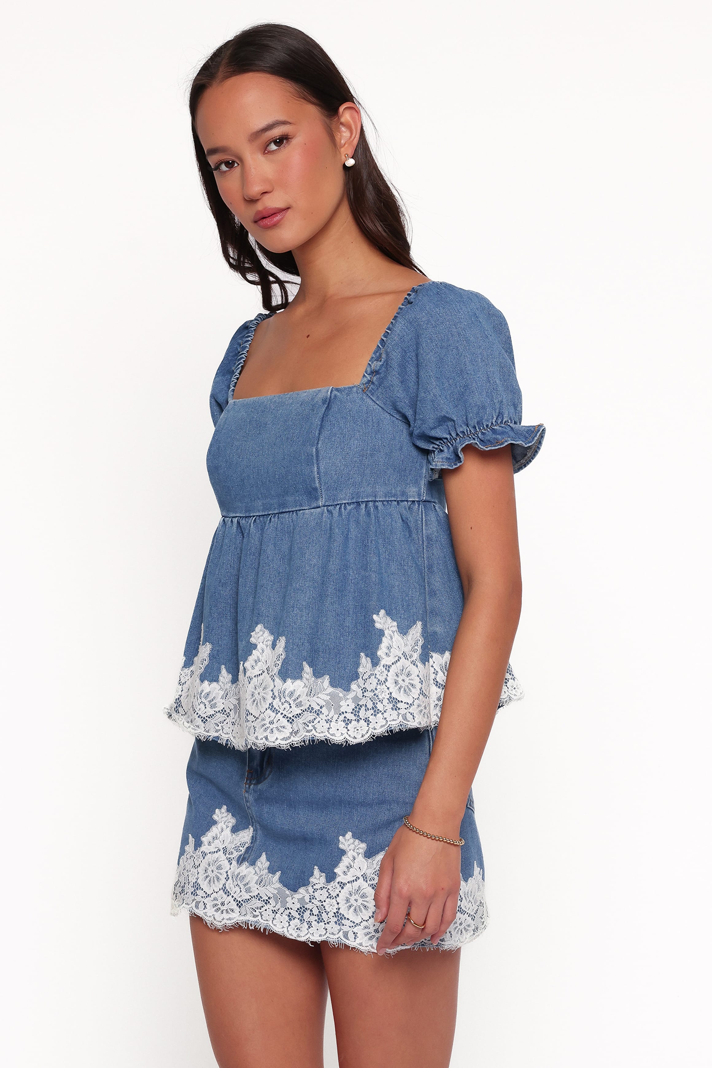 TOPS Lissy Denim Peplum Top - Mid Wash Blue