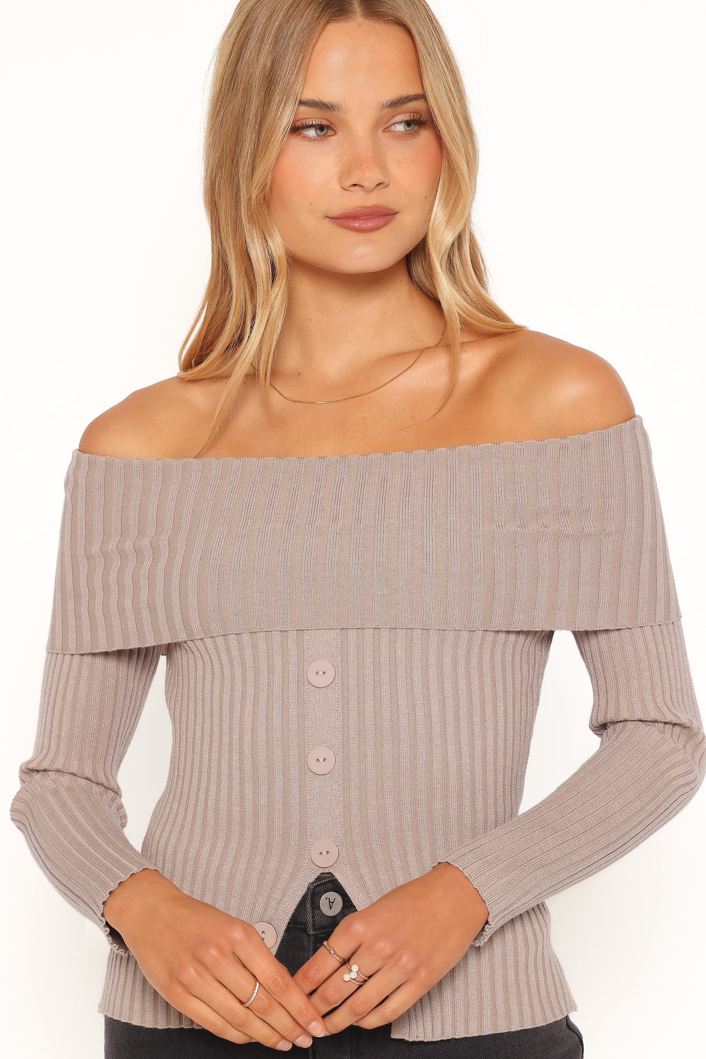 TOPS Lulla Ribbed Off Shoulder Top - Taupe