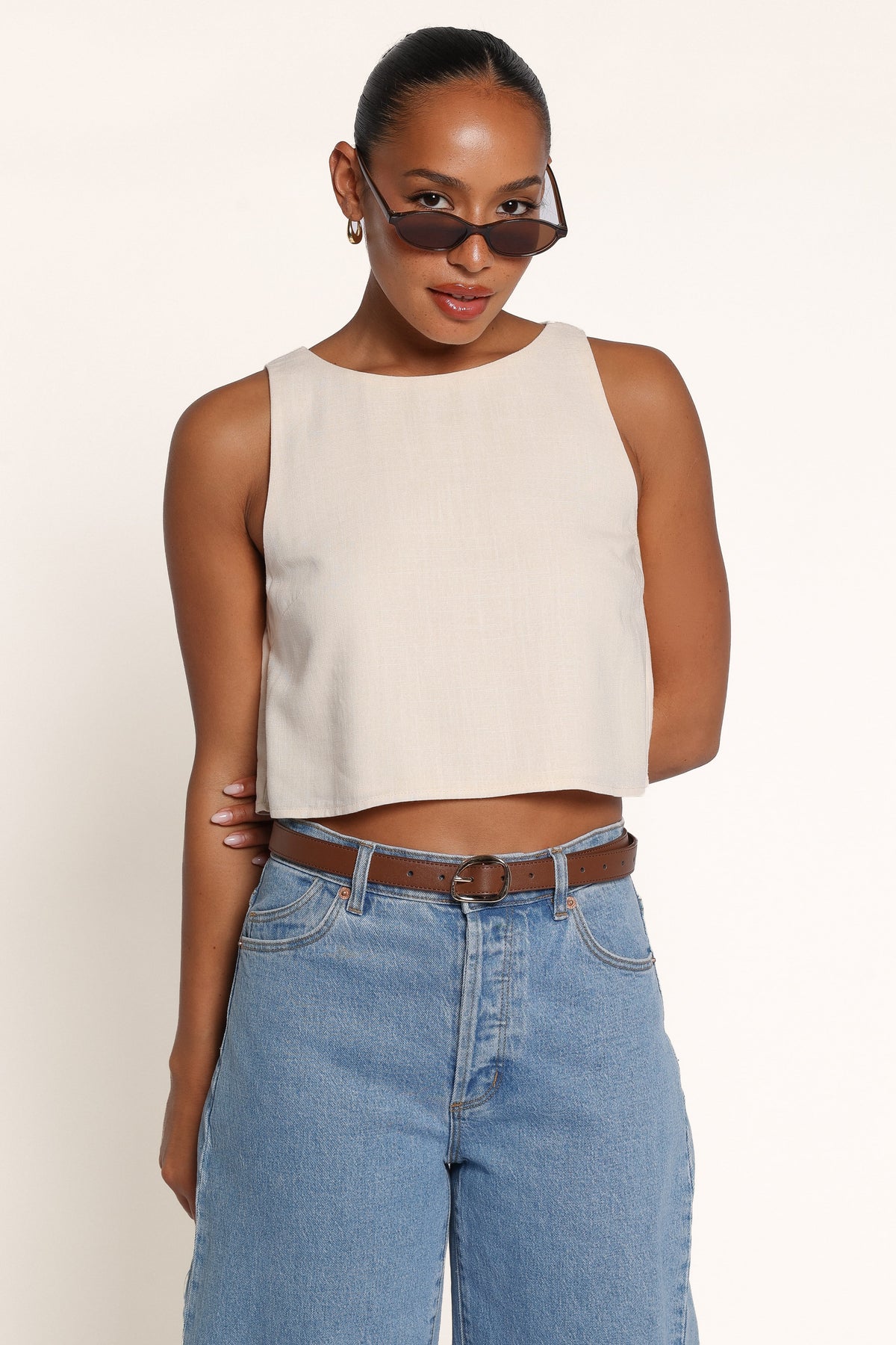 TOPS Madison Linen Cropped Tank - Beige