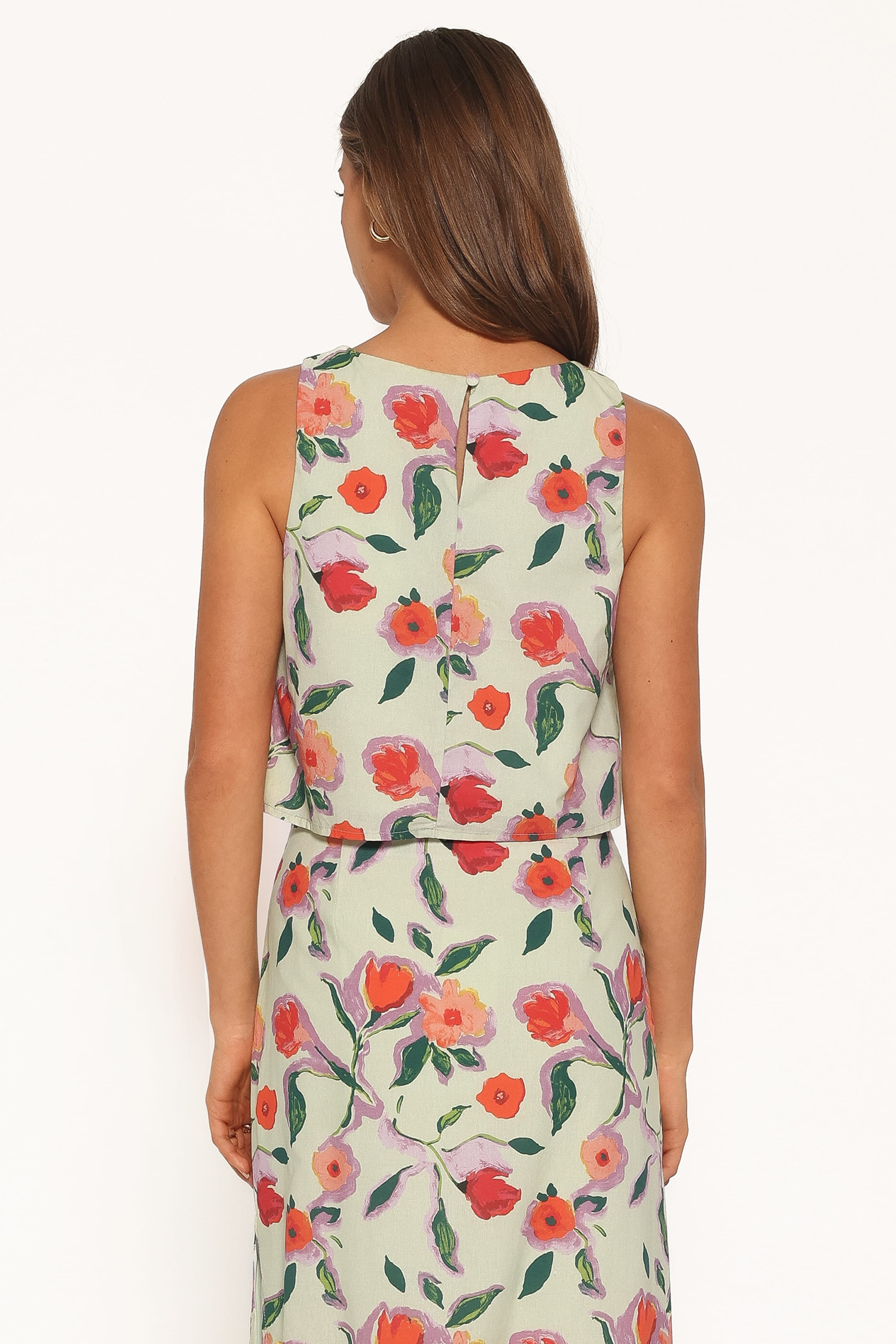 TOPS Madison Linen Cropped Tank - Green Painted Floral