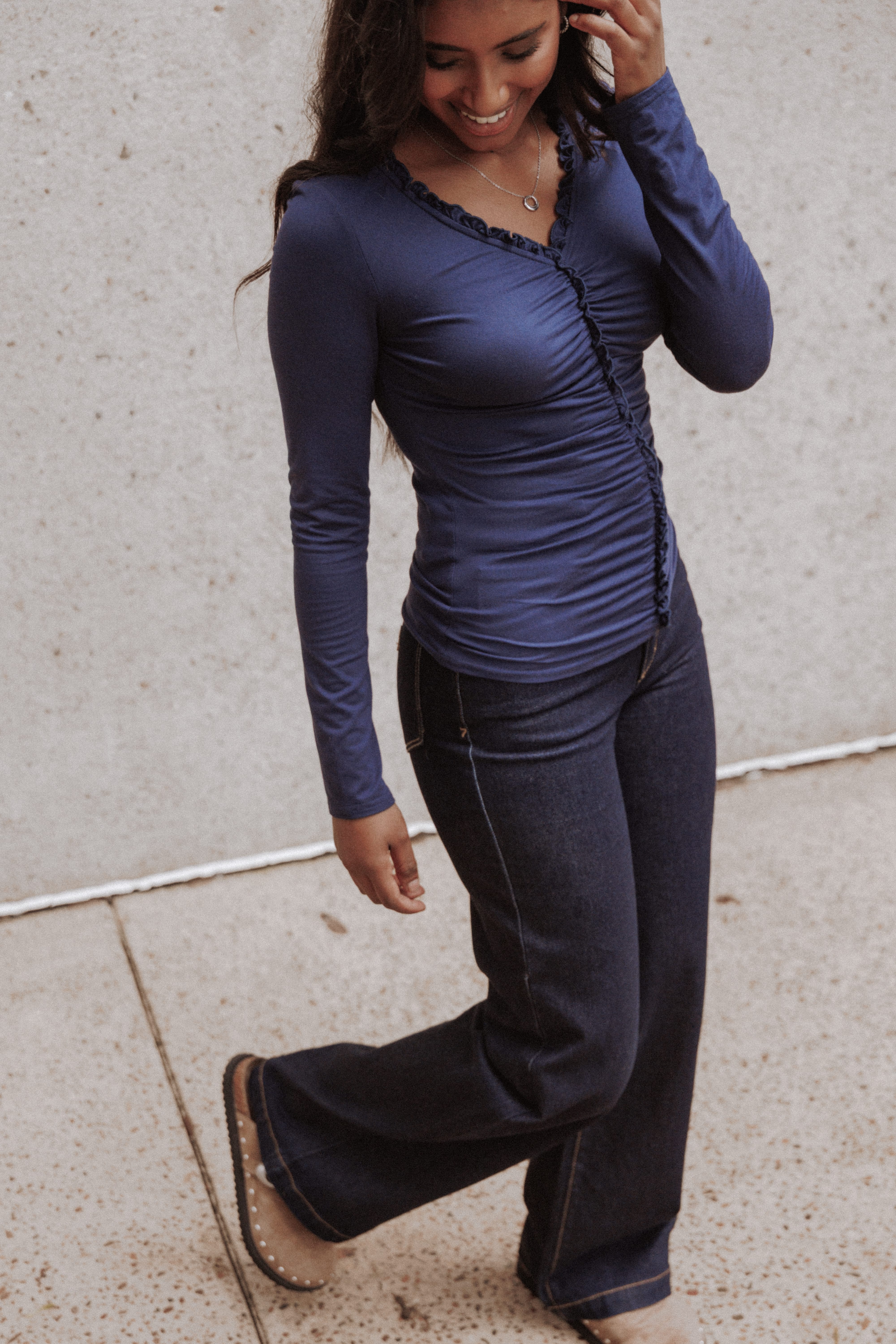 TOPS Marta Gathered Knit Top - Navy