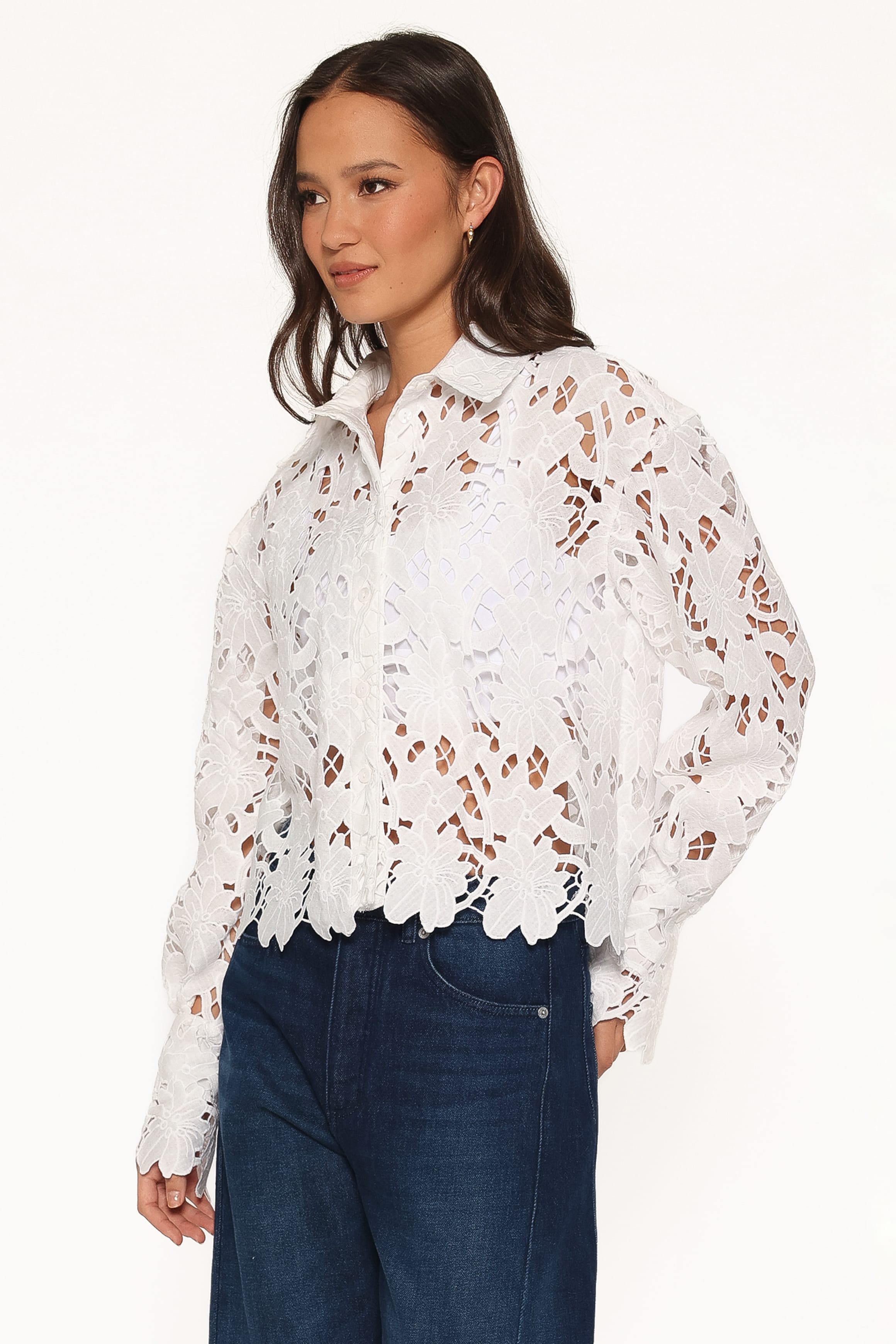 TOPS Orion Eyelet Crop Button Down - White