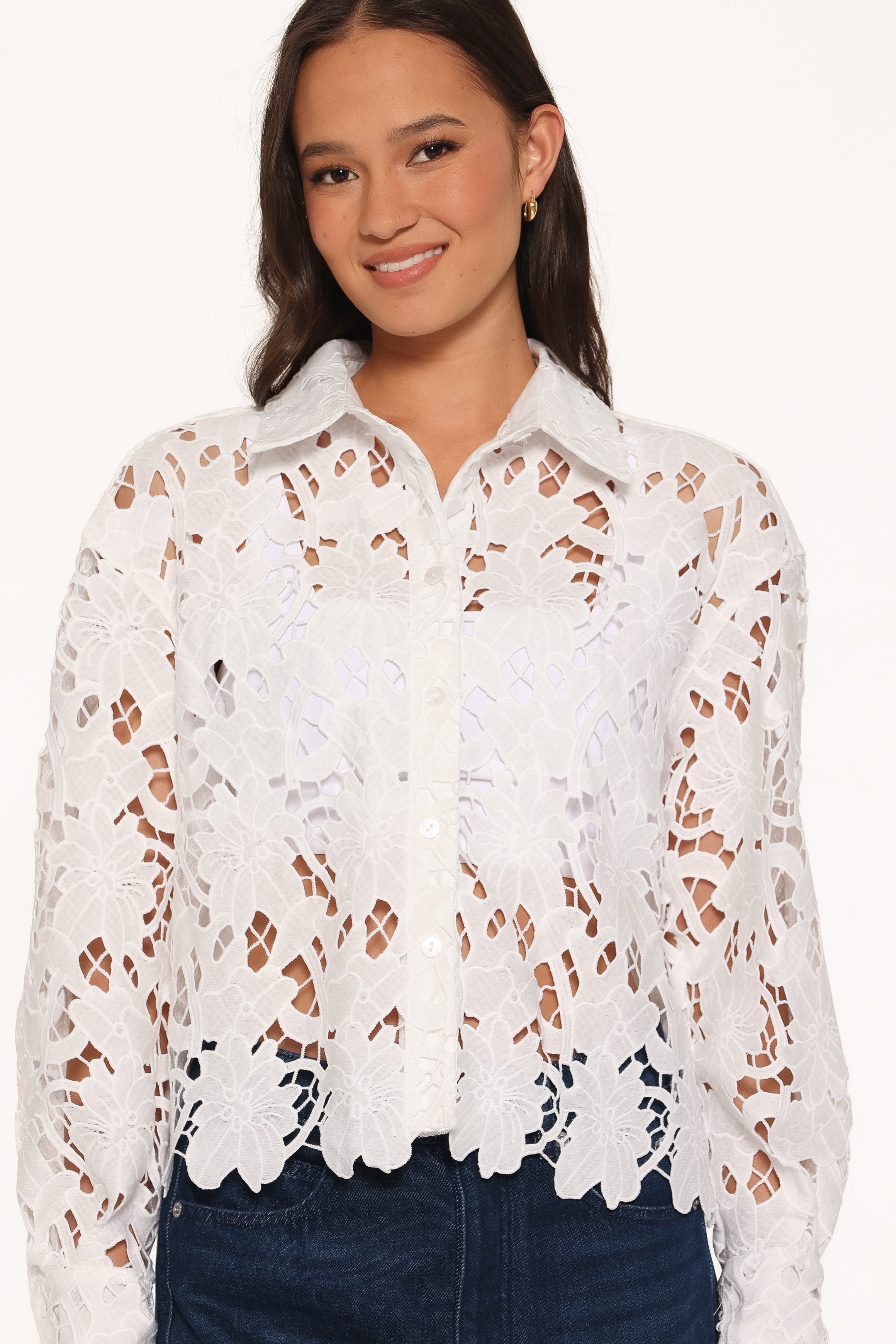 TOPS Orion Eyelet Crop Button Down - White