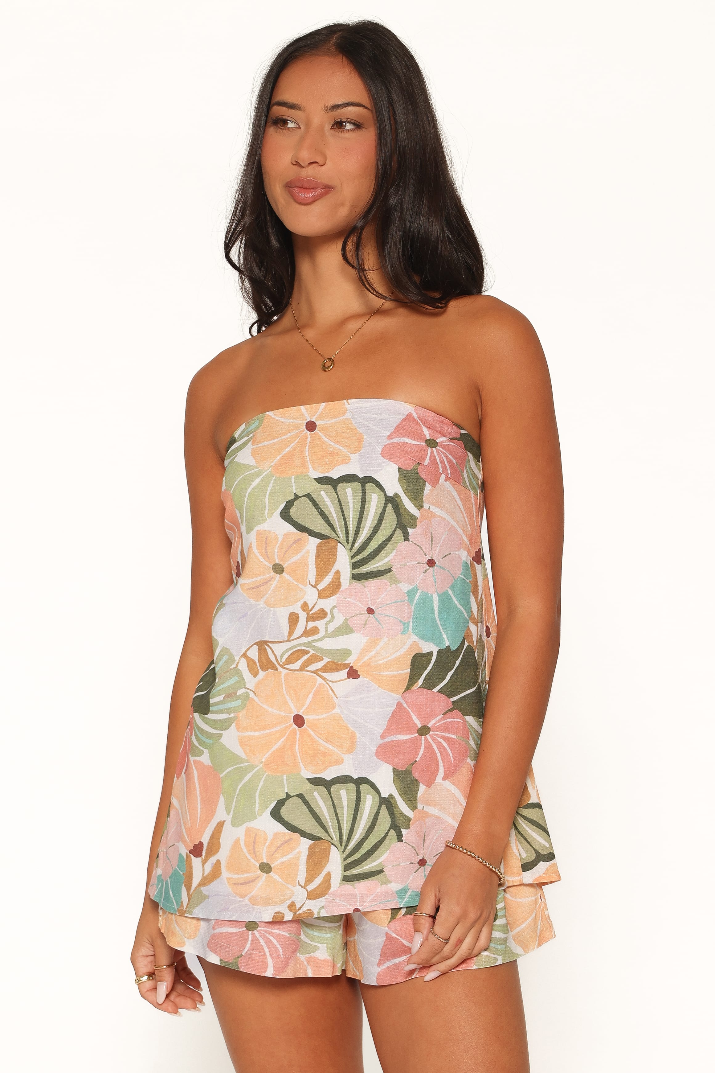 TOPS Rosemarie Strapless Top - Retro Orange Green Floral