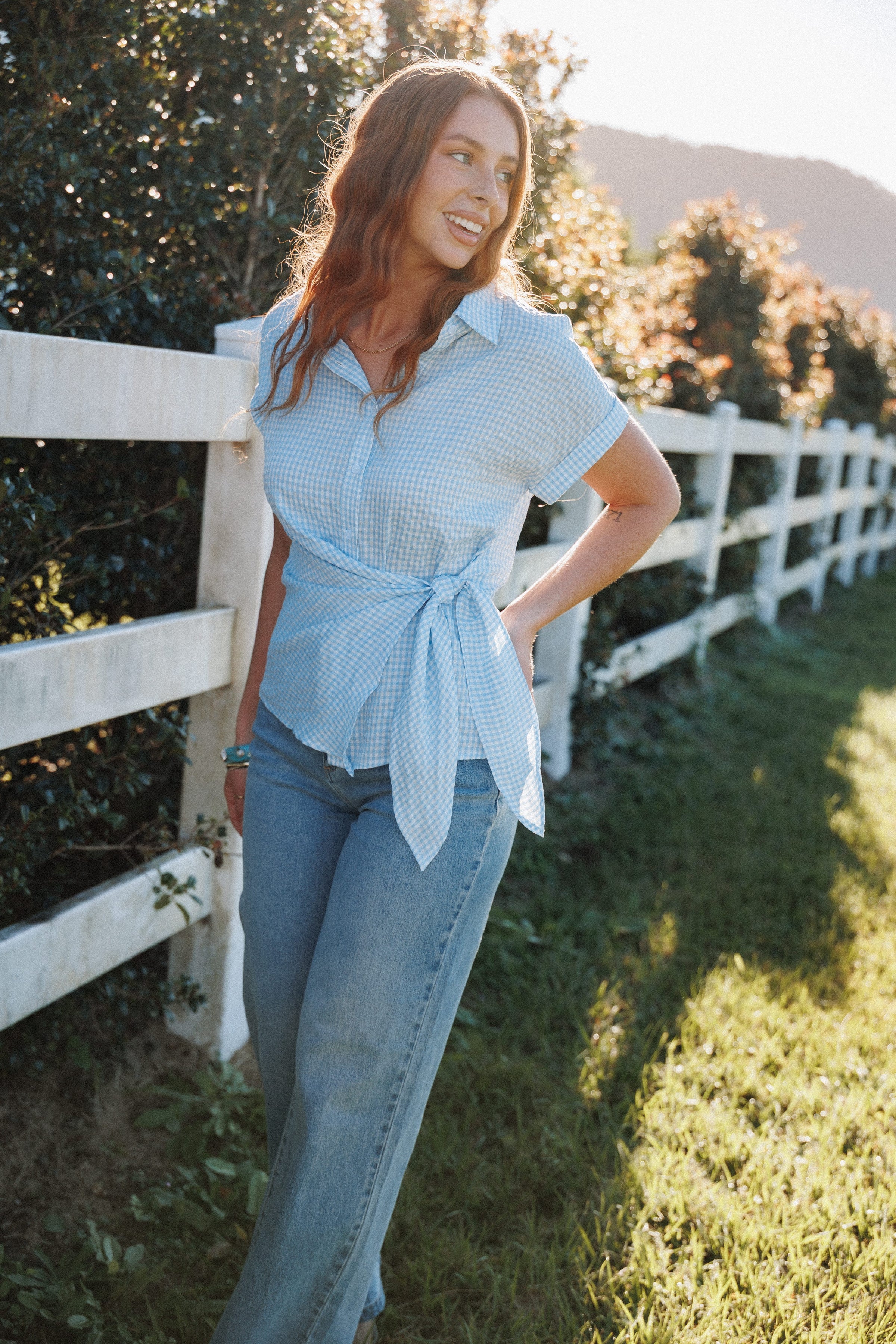 TOPS Shiloh Side Tie Shirt - Blue Gingham