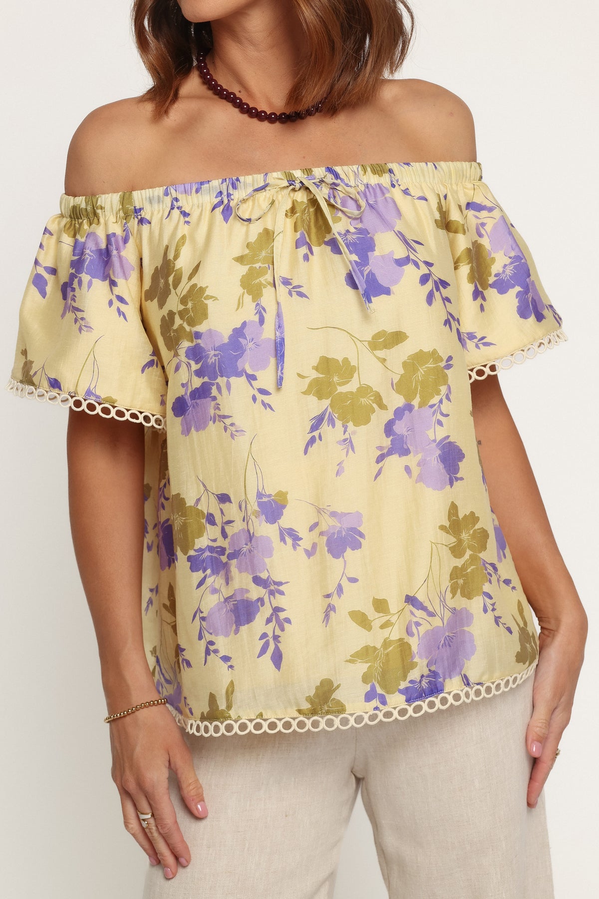 TOPS Siara Off Shoulder Top - Green Purple Floral