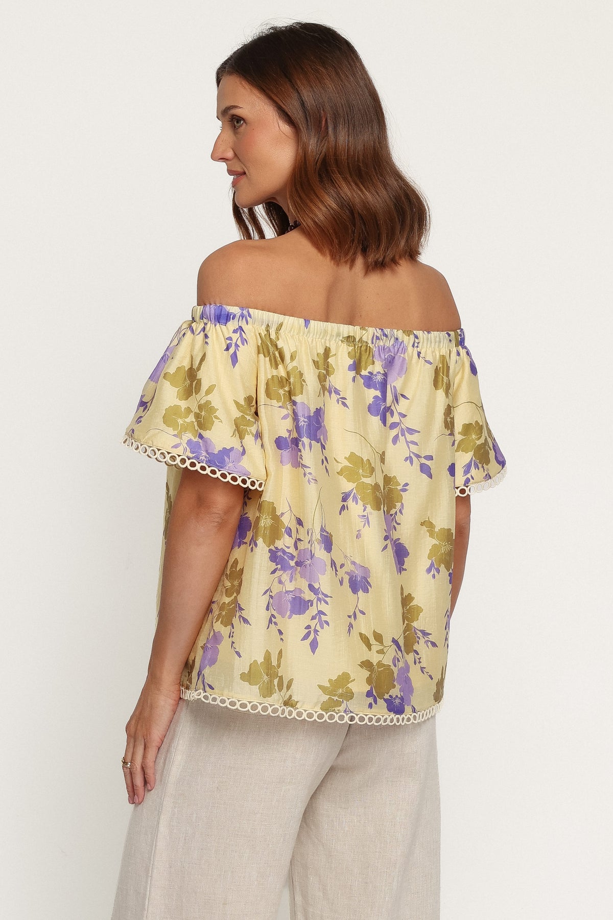 TOPS Siara Off Shoulder Top - Green Purple Floral