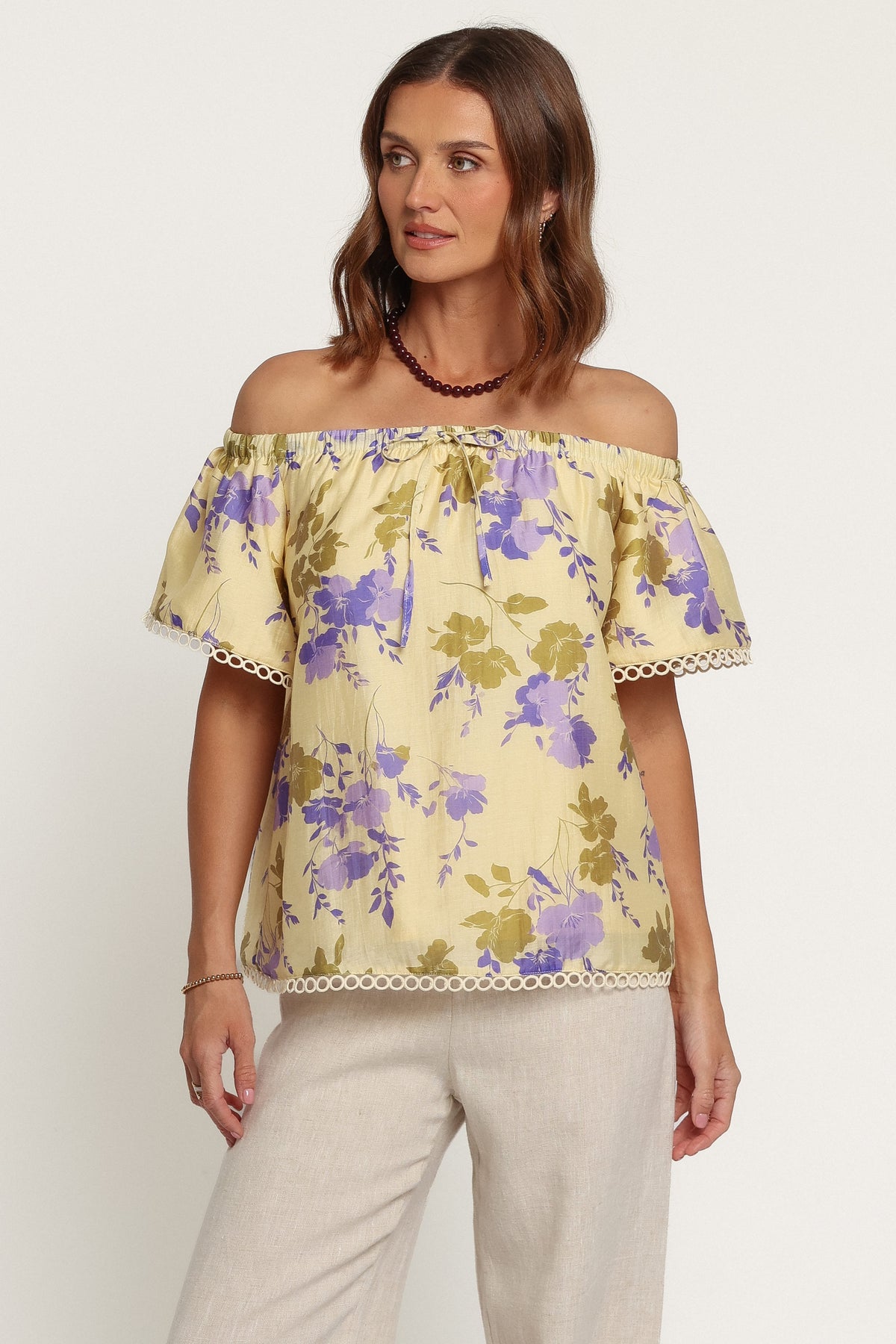 TOPS Siara Off Shoulder Top - Green Purple Floral