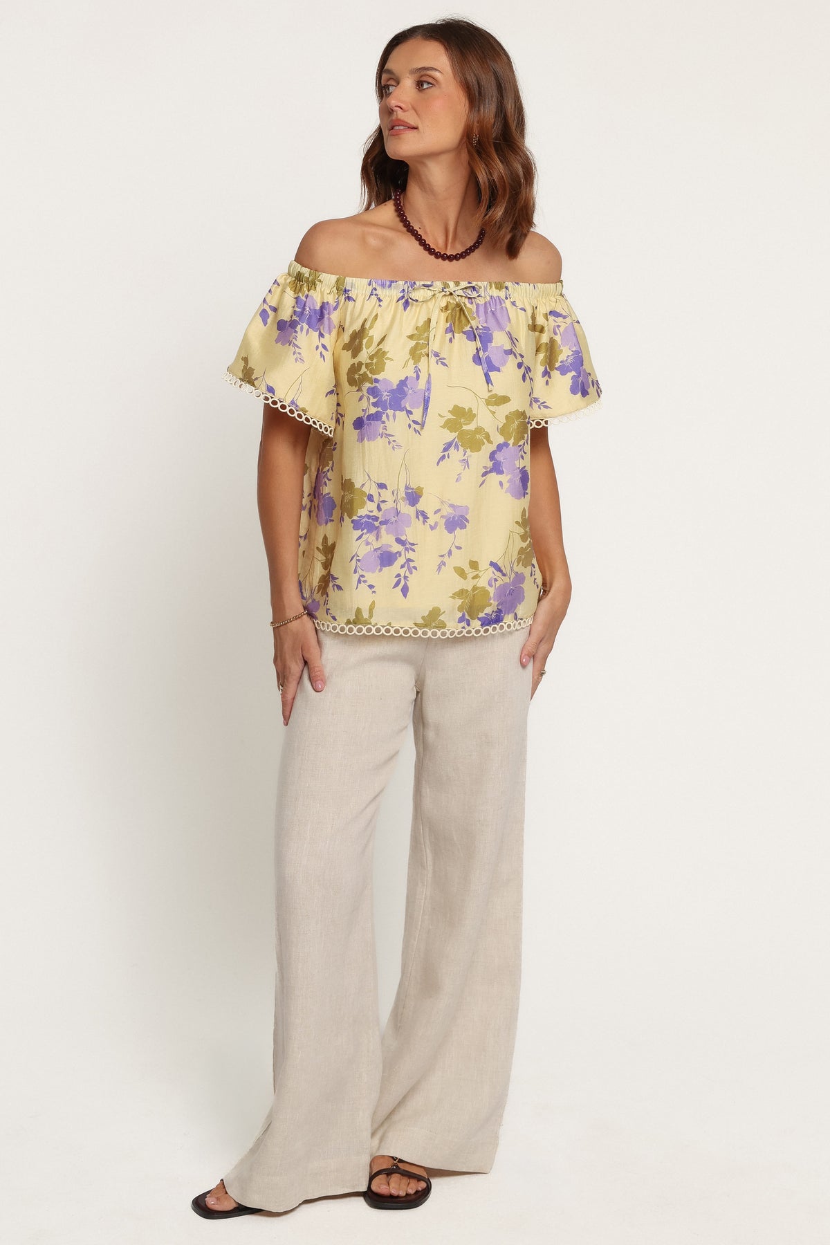 TOPS Siara Off Shoulder Top - Green Purple Floral