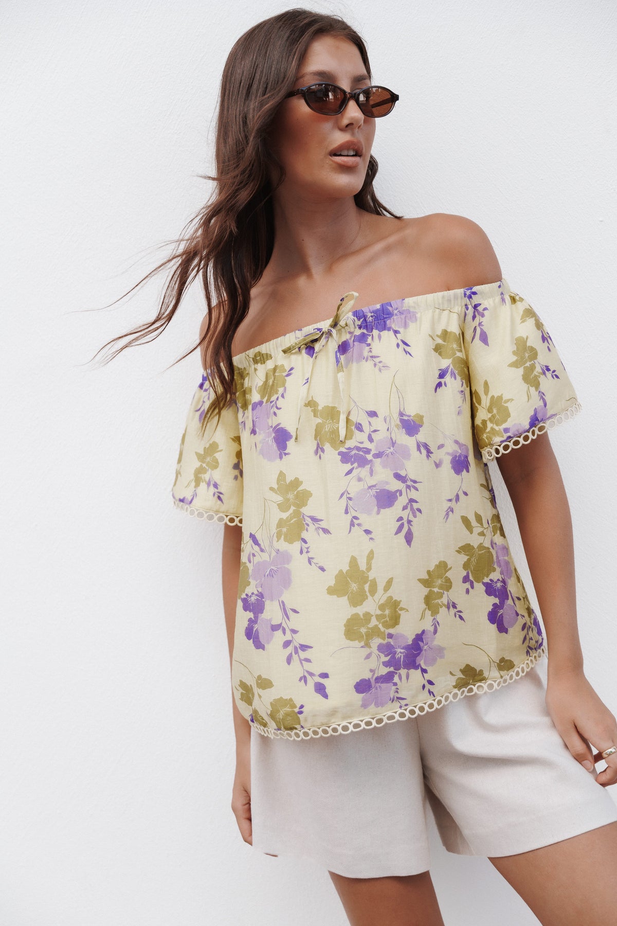 TOPS Siara Off Shoulder Top - Green Purple Floral
