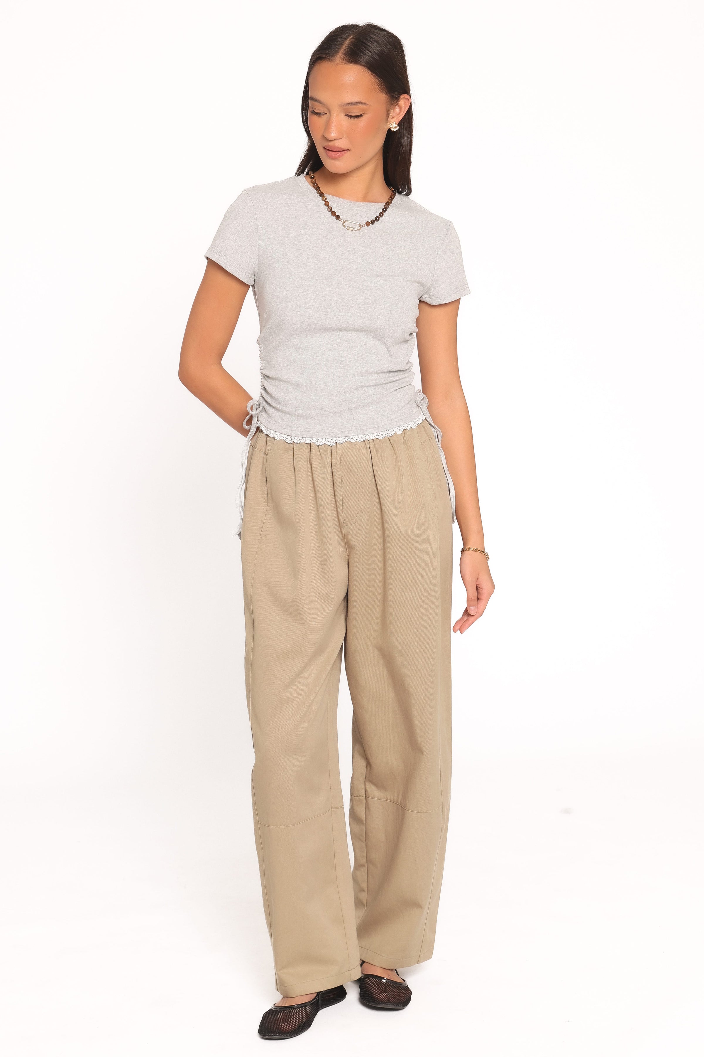 TOPS Tam Ruched Baby Tee - Light Grey Marl