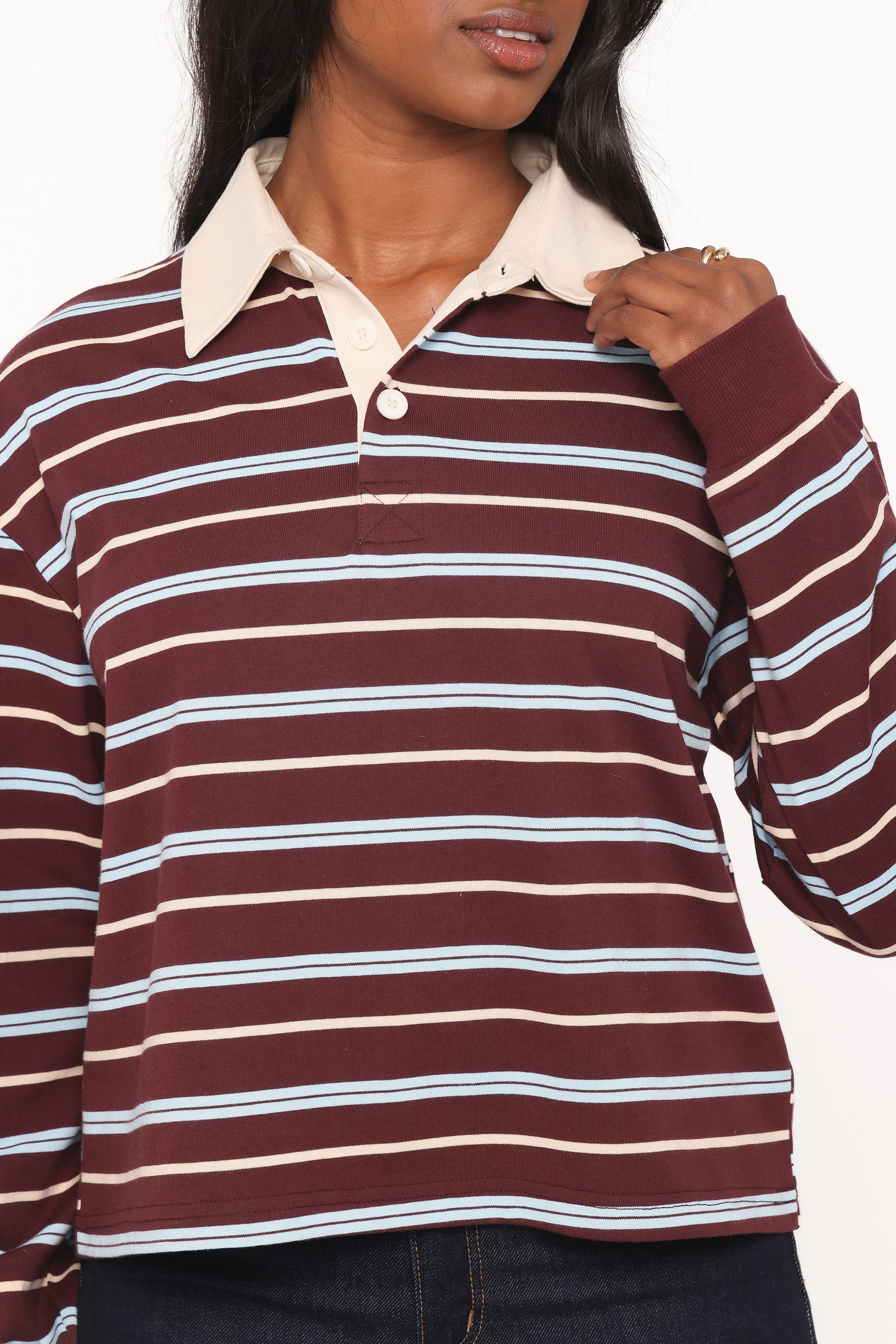 TOPS Yolande Polo Long Sleeve Top - Brown Stripe