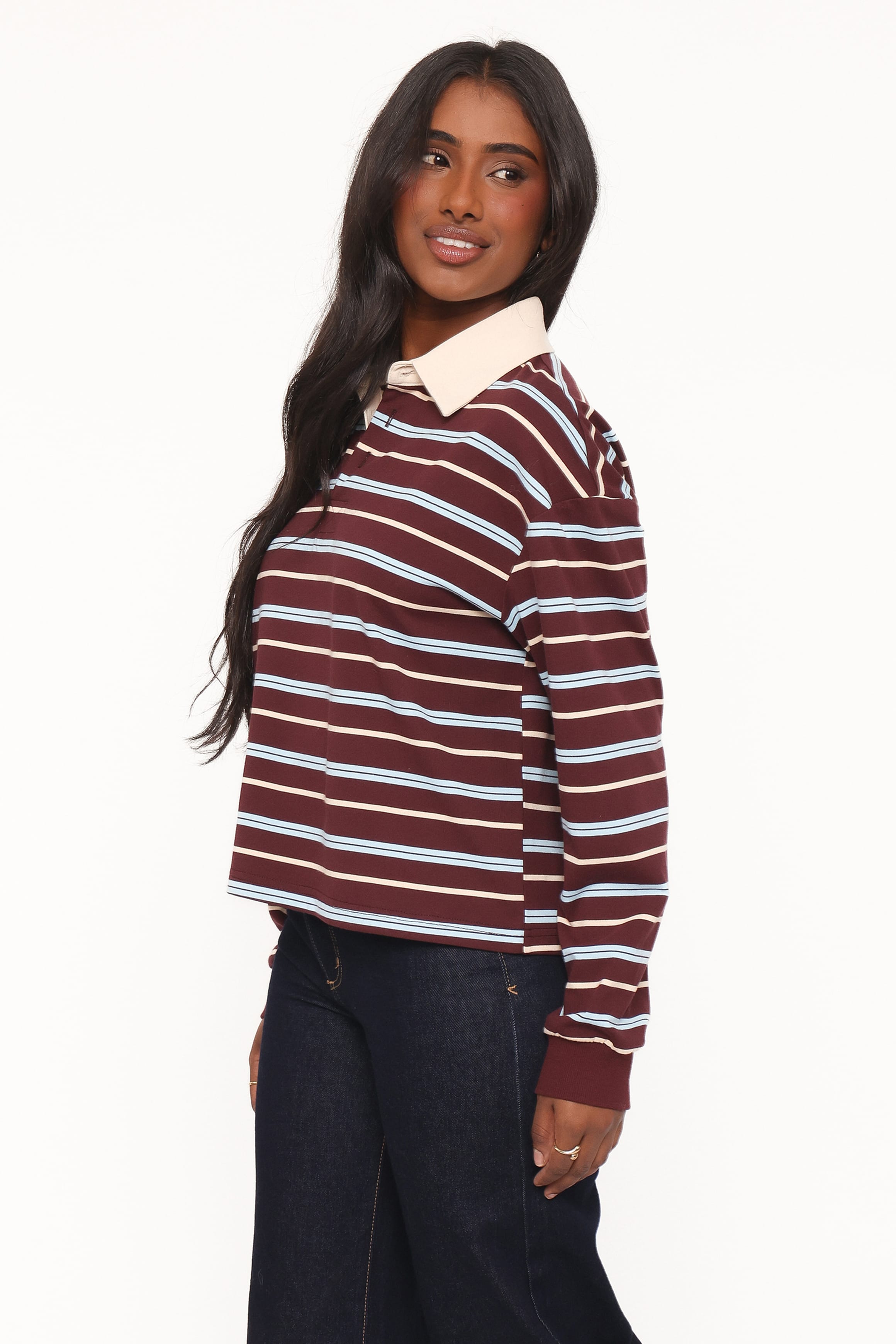 TOPS Yolande Polo Long Sleeve Top - Brown Stripe