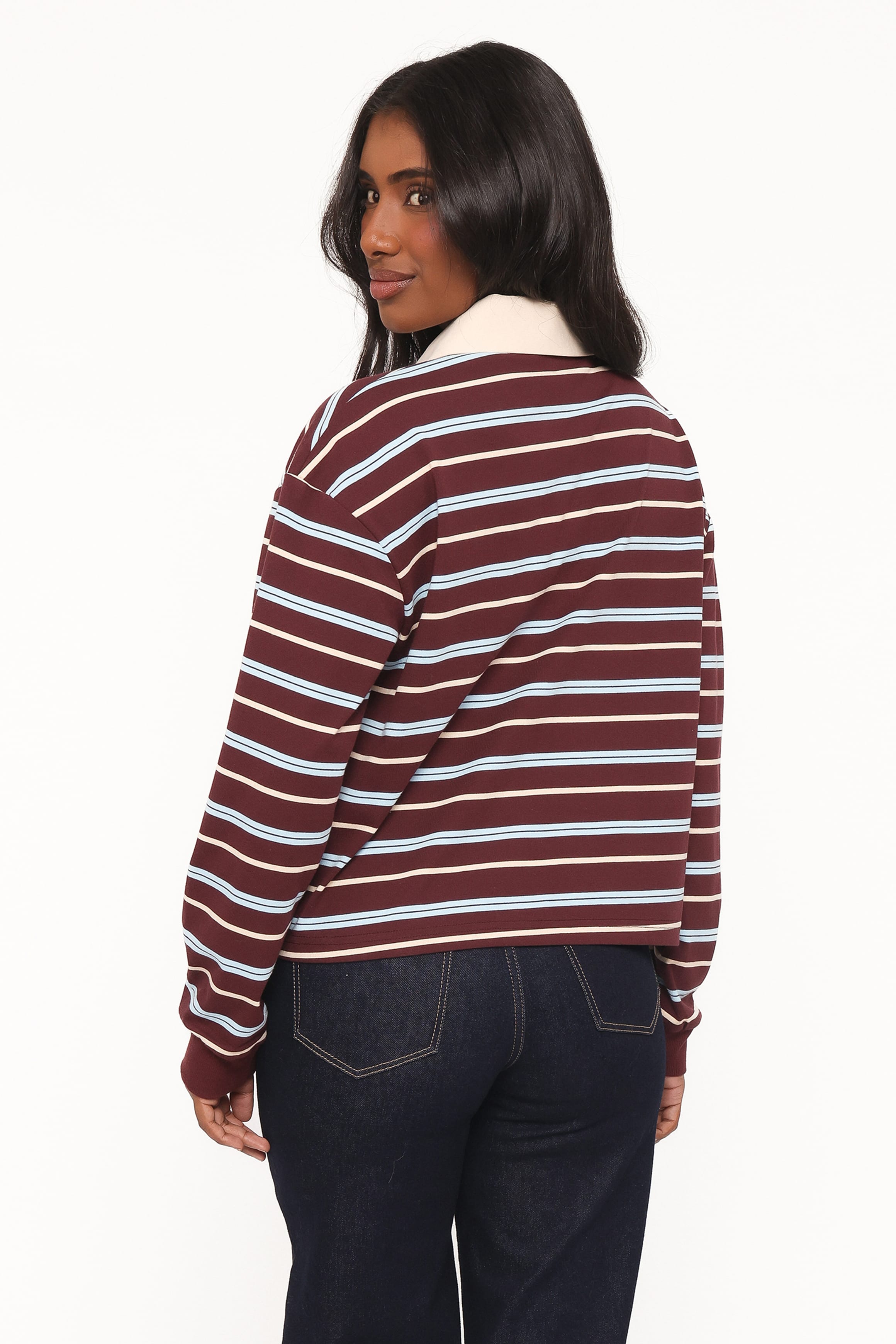 TOPS Yolande Polo Long Sleeve Top - Brown Stripe
