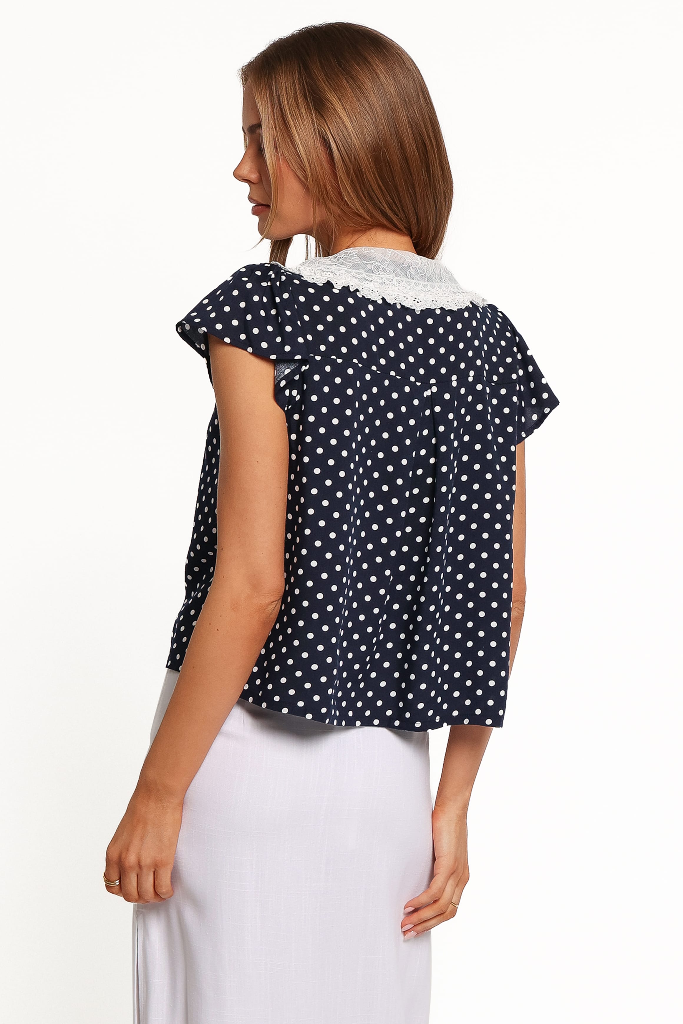 TOPS Zonella Lace Collar Top - Navy Polka Dot