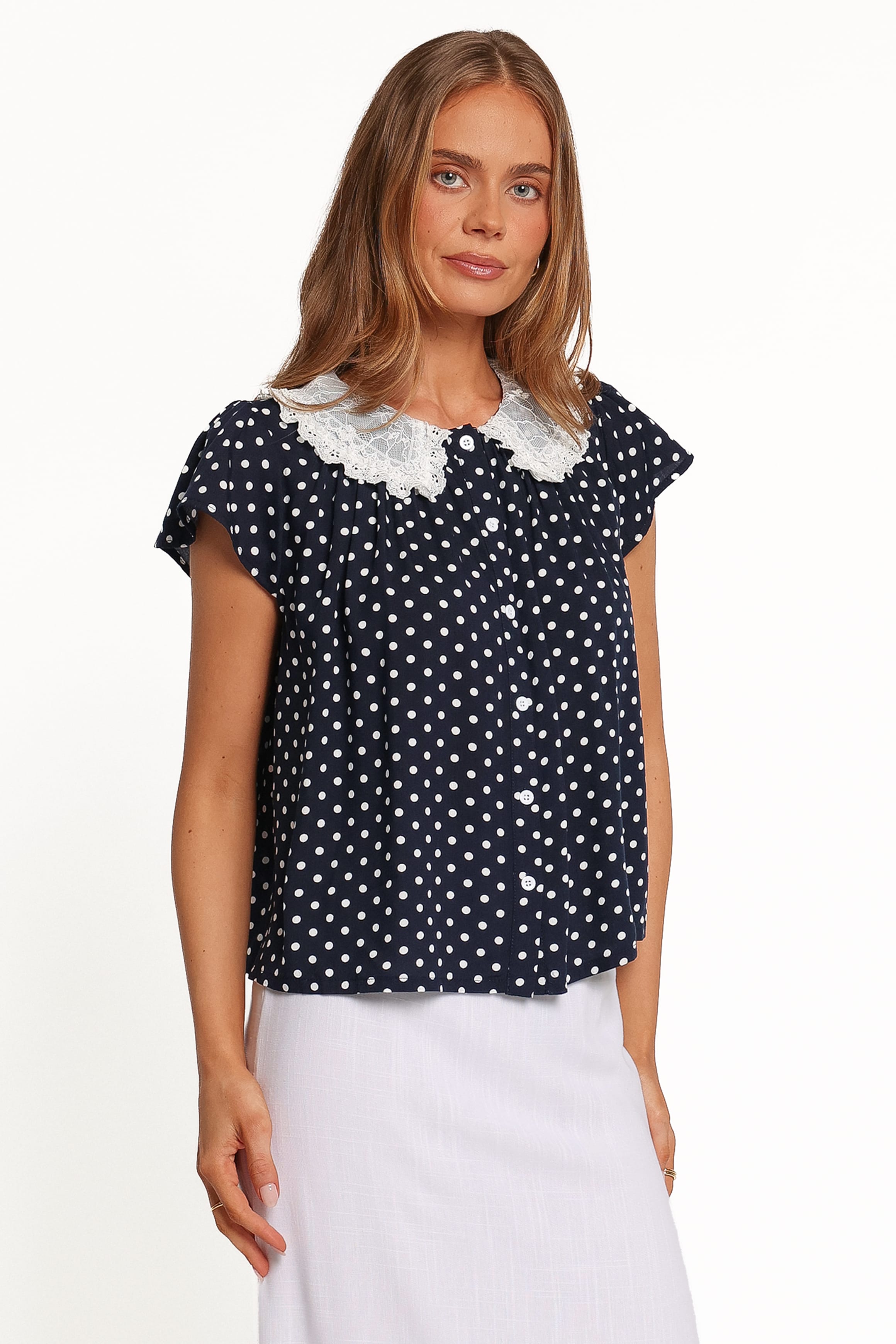 TOPS Zonella Lace Collar Top - Navy Polka Dot