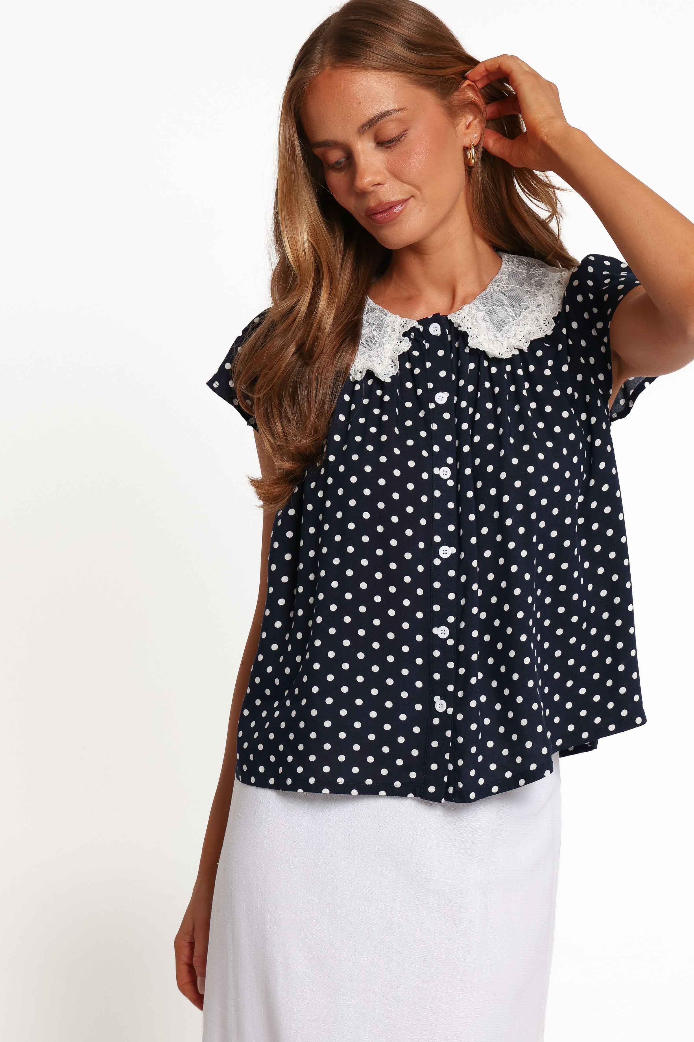 TOPS Zonella Lace Collar Top - Navy Polka Dot