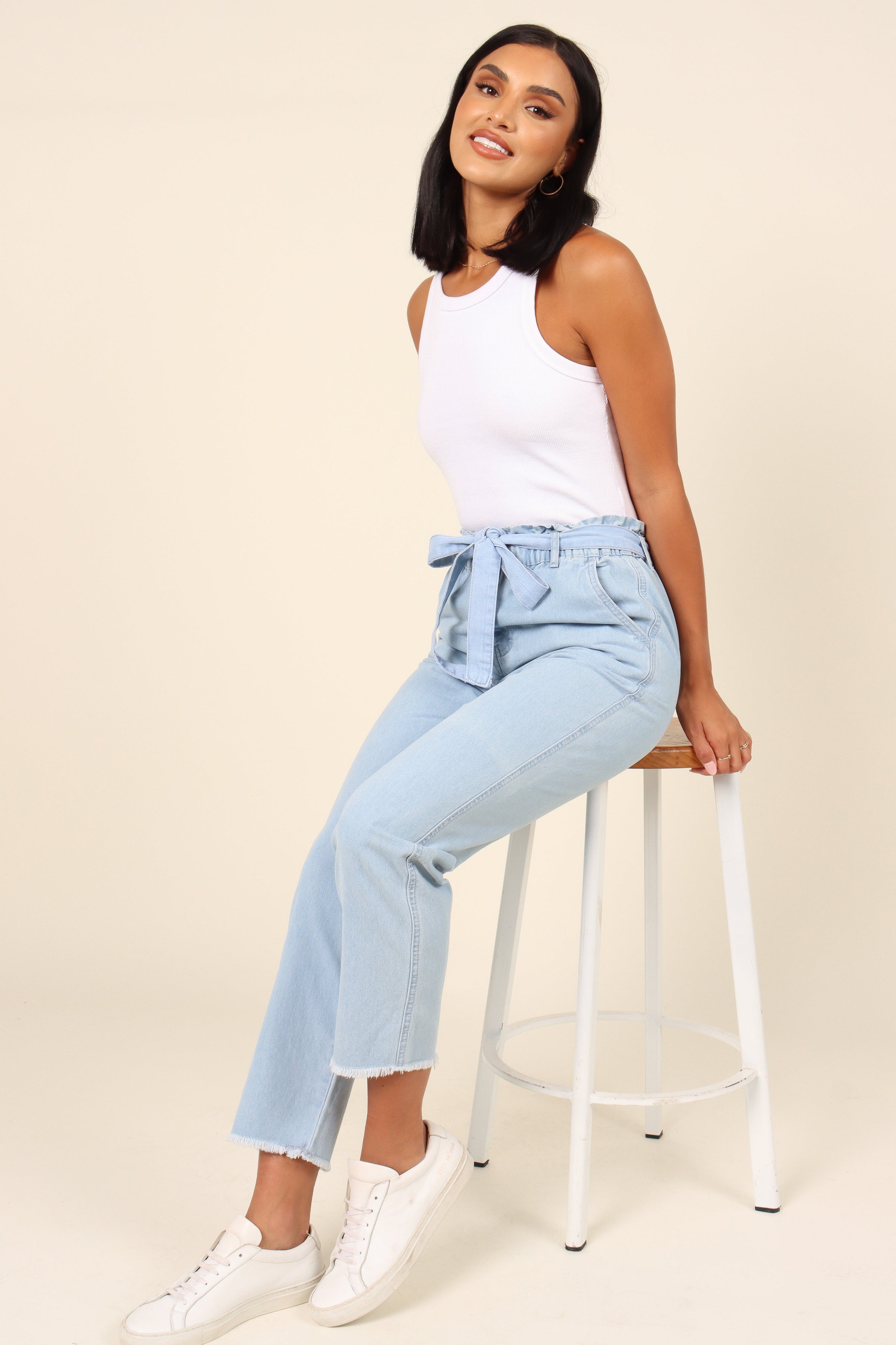 BOTTOMS Dexter Paperbag Waist Jean - Light Blue Wash