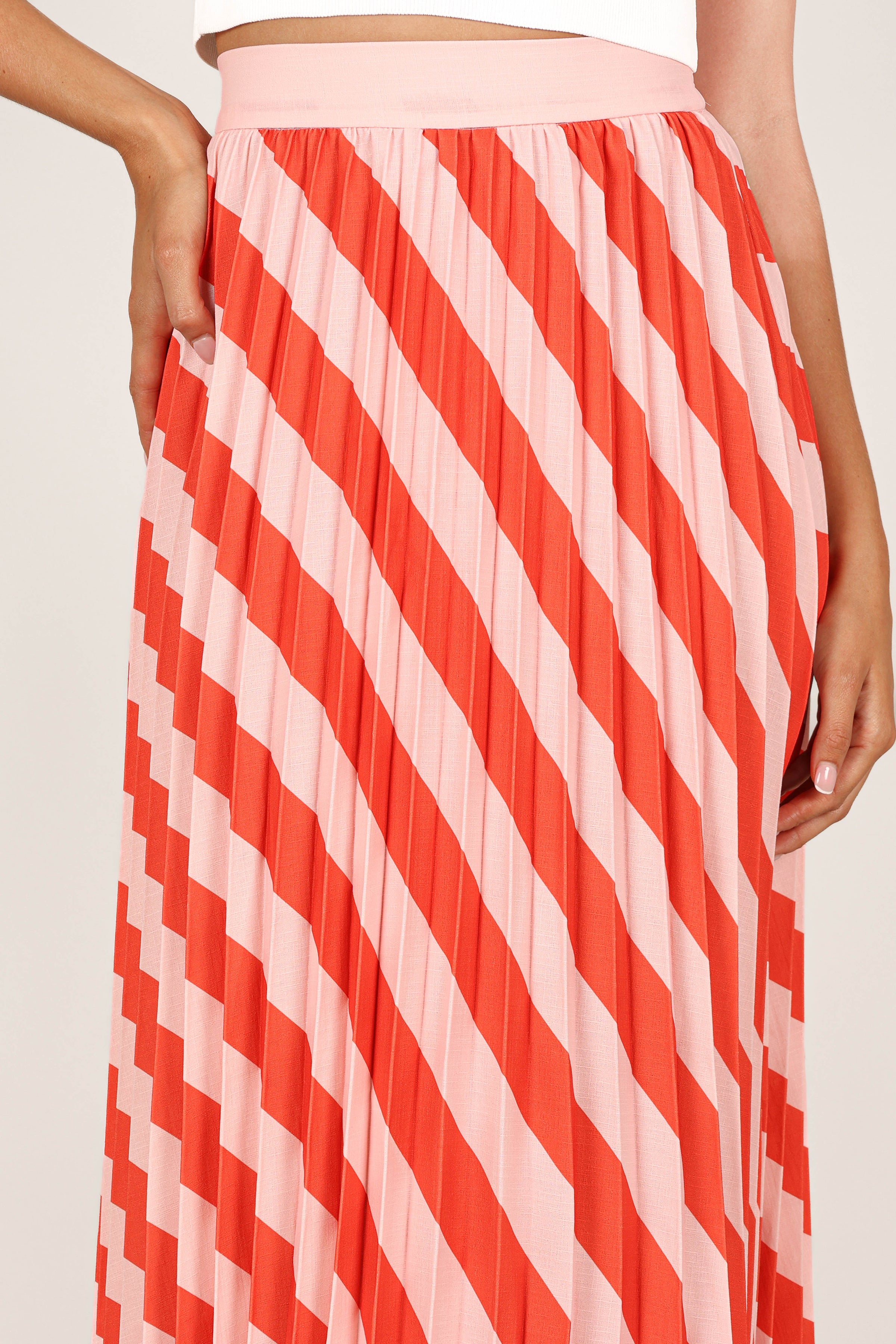BOTTOMS @Kimberly Pleat Midi Skirt - Pink Stripe (waiting on bulk)