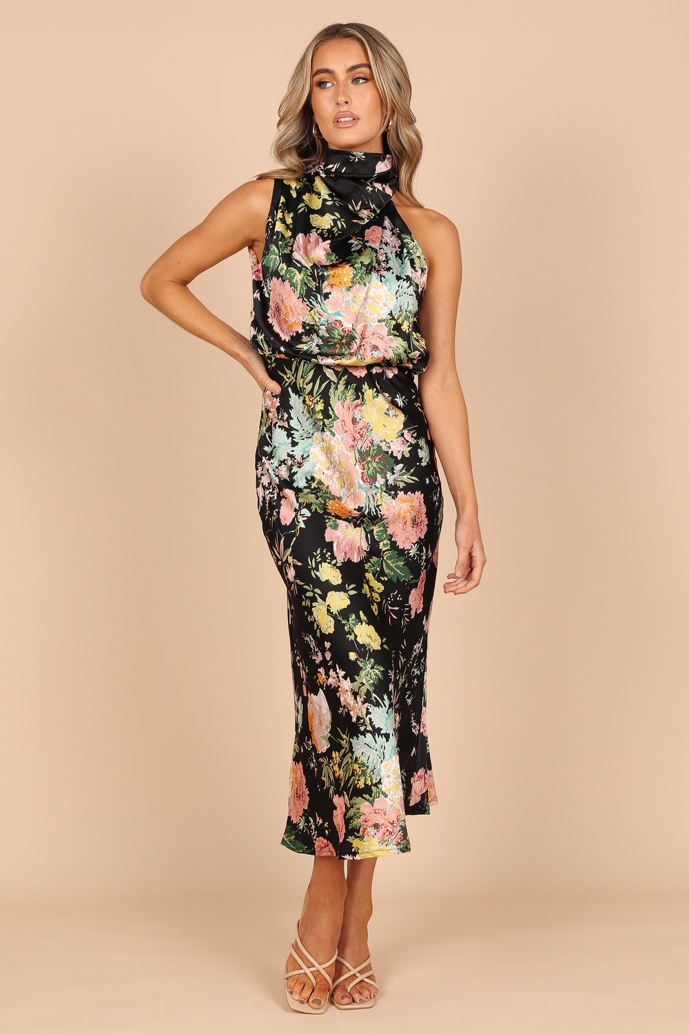 Collective Dress - Anabelle Halter Neck Midi Dress - Black Floral image 2