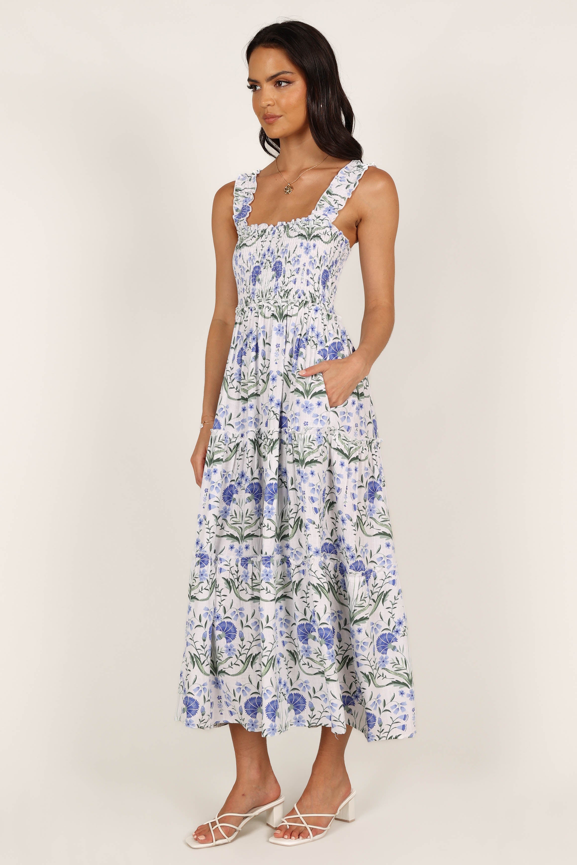 DRESSES @August Shirred Maxi Dress - Blue Floral