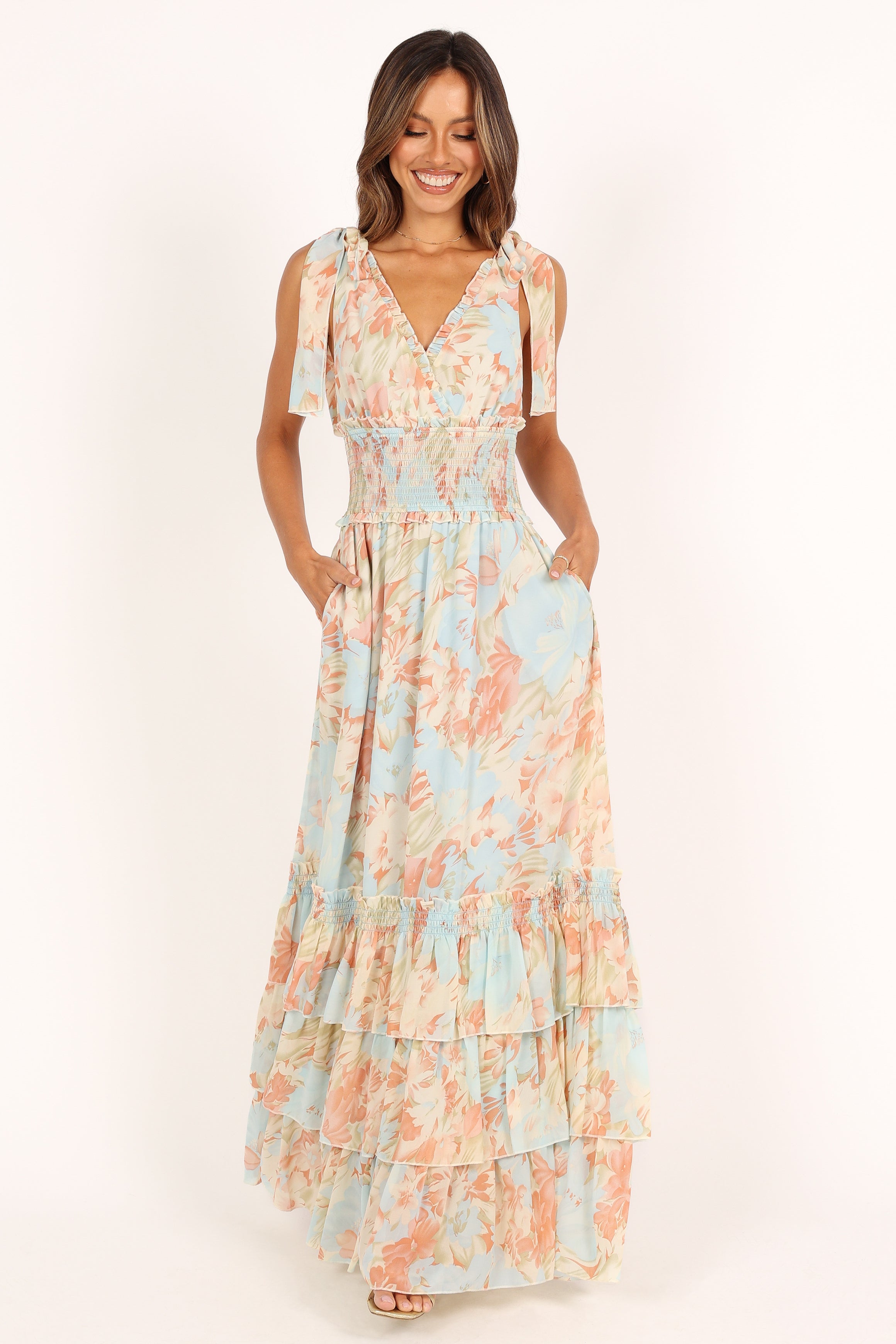 DRESSES @Christabel Tiered Maxi Dress - Blue Floral