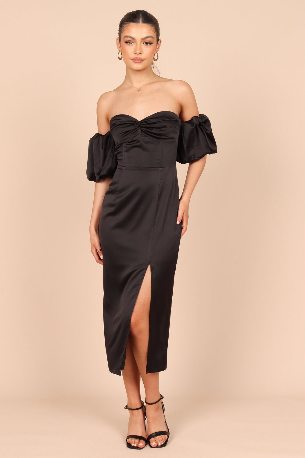 Shop Formal Dress - Dahlia Off Shoulder Puff Sleeve Midi Dress - Black sixth image