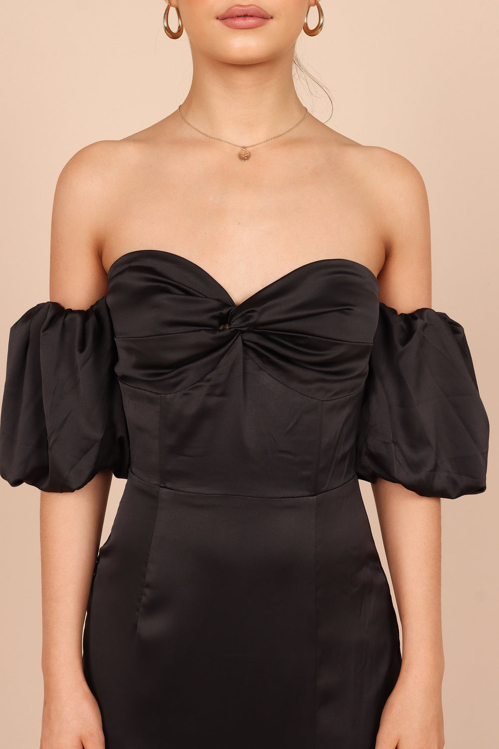 Shop Formal Dress - Dahlia Off Shoulder Puff Sleeve Midi Dress - Black third image