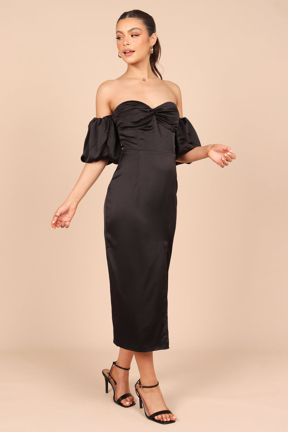 Shop Formal Dress - Dahlia Off Shoulder Puff Sleeve Midi Dress - Black fourth image