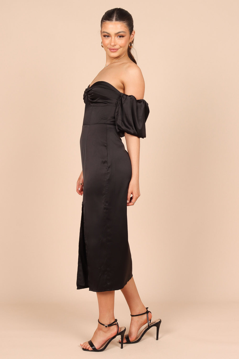 Shop Formal Dress - Dahlia Off Shoulder Puff Sleeve Midi Dress - Black fifth image