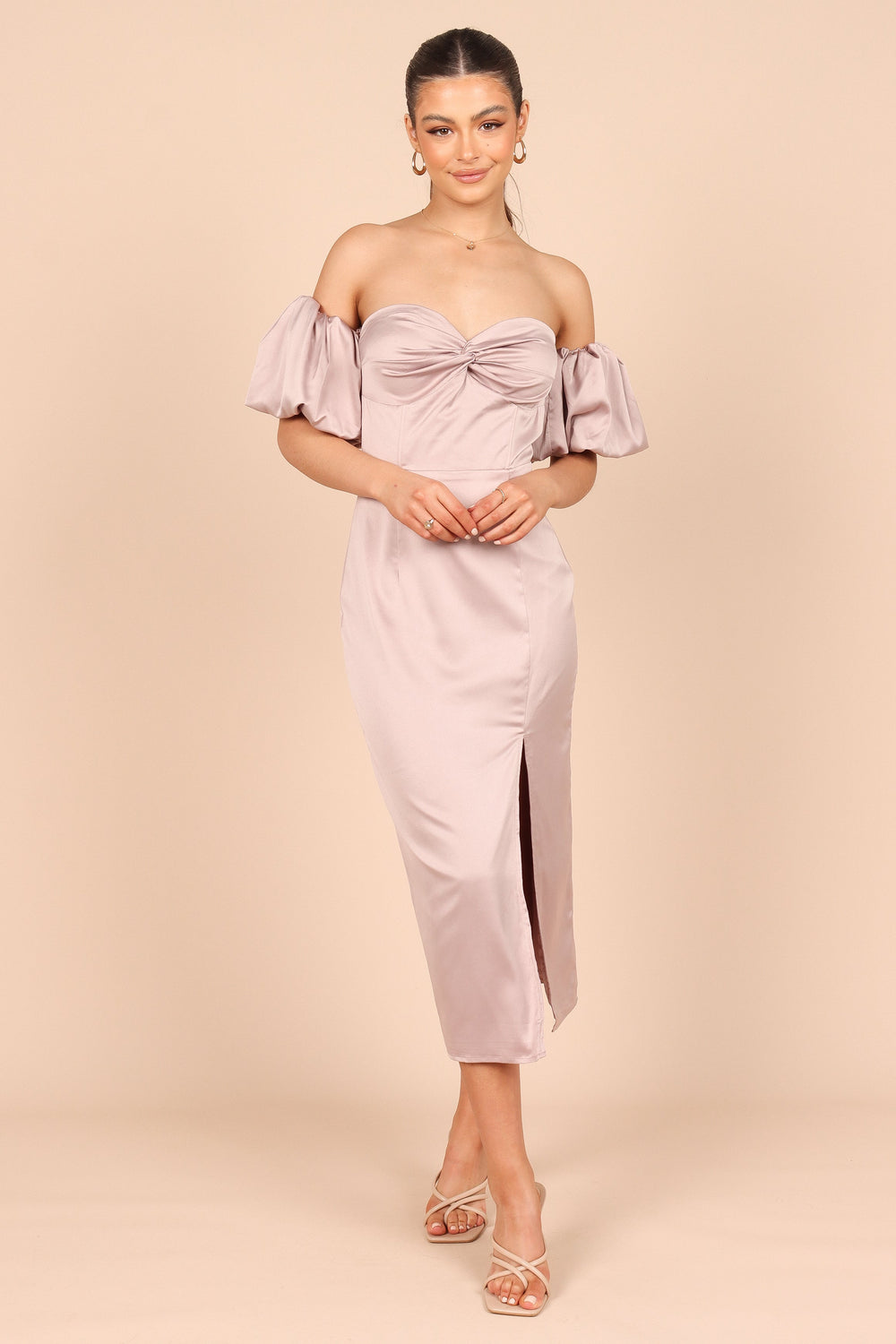 Shop Formal Dress - Dahlia Off Shoulder Puff Sleeve Midi Dress - Lilac sixth image