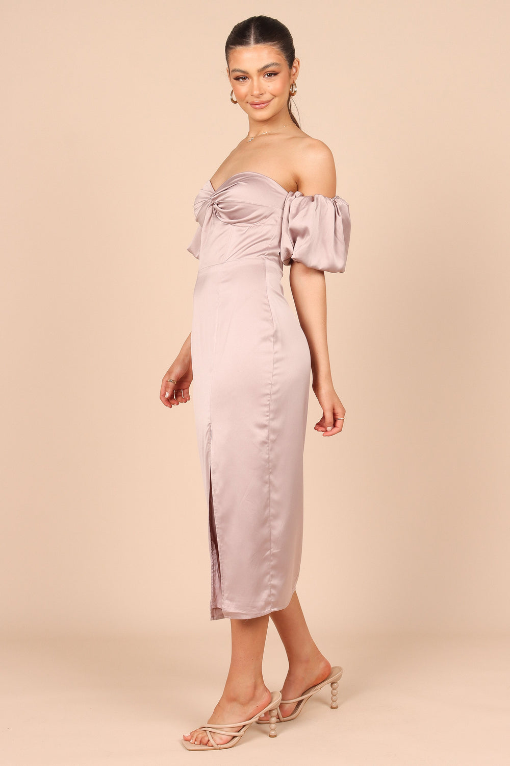 Shop Formal Dress - Dahlia Off Shoulder Puff Sleeve Midi Dress - Lilac fifth image