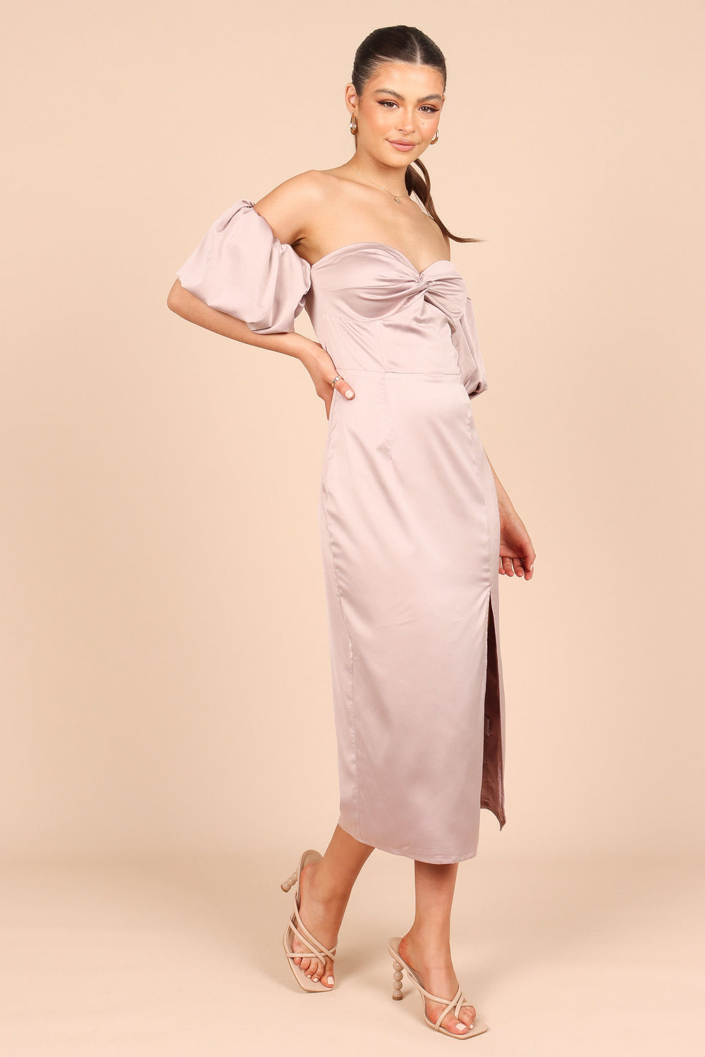 Shop Formal Dress - Dahlia Off Shoulder Puff Sleeve Midi Dress - Lilac fourth image
