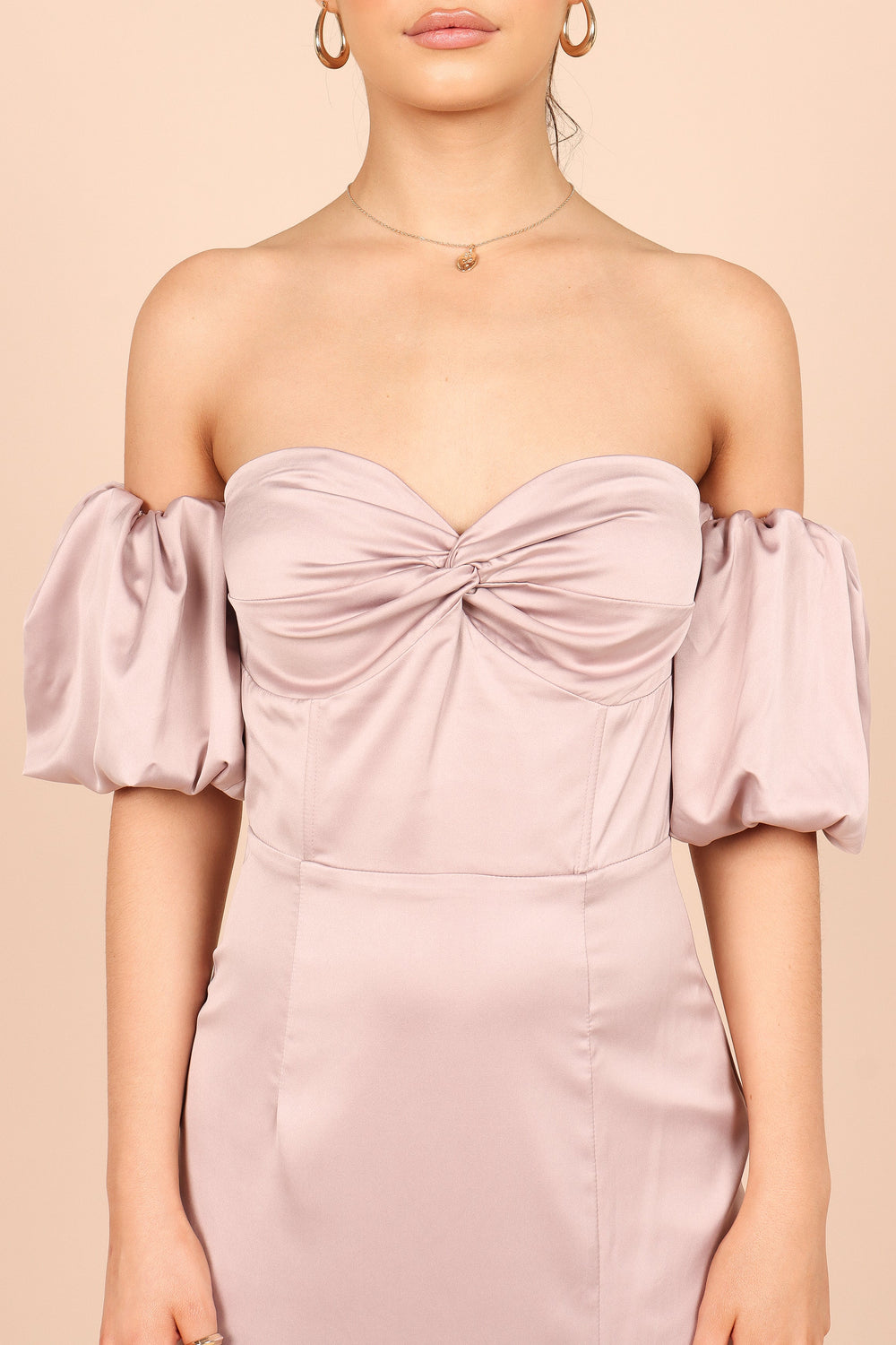 Shop Formal Dress - Dahlia Off Shoulder Puff Sleeve Midi Dress - Lilac third image