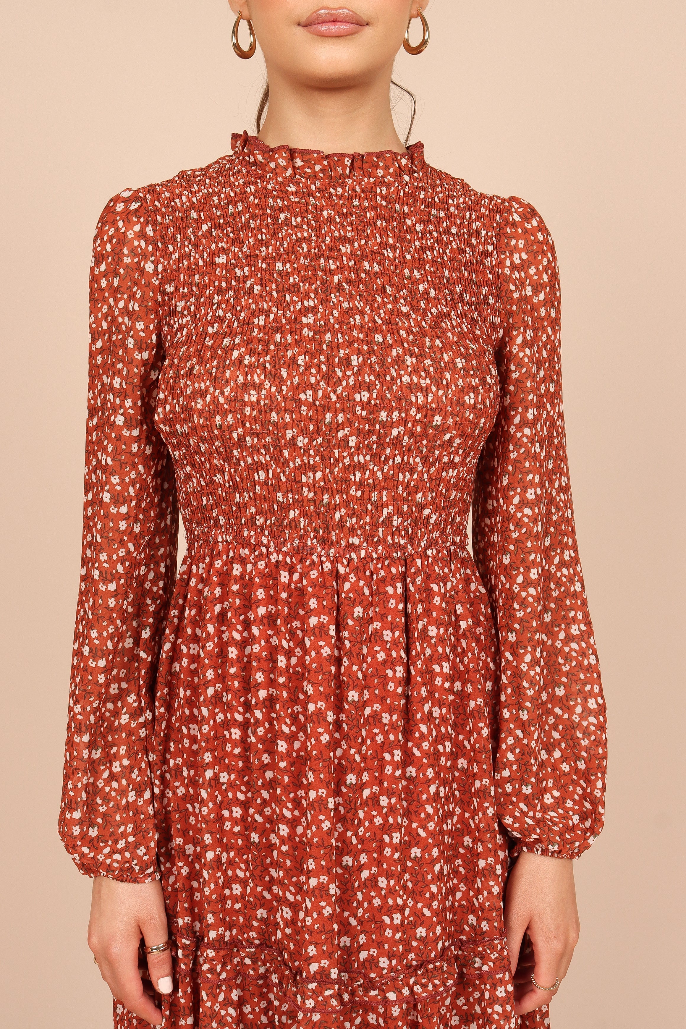 DRESSES @Edwina Shirred Frill Long Sleeve Midi Dress - Rust Floral