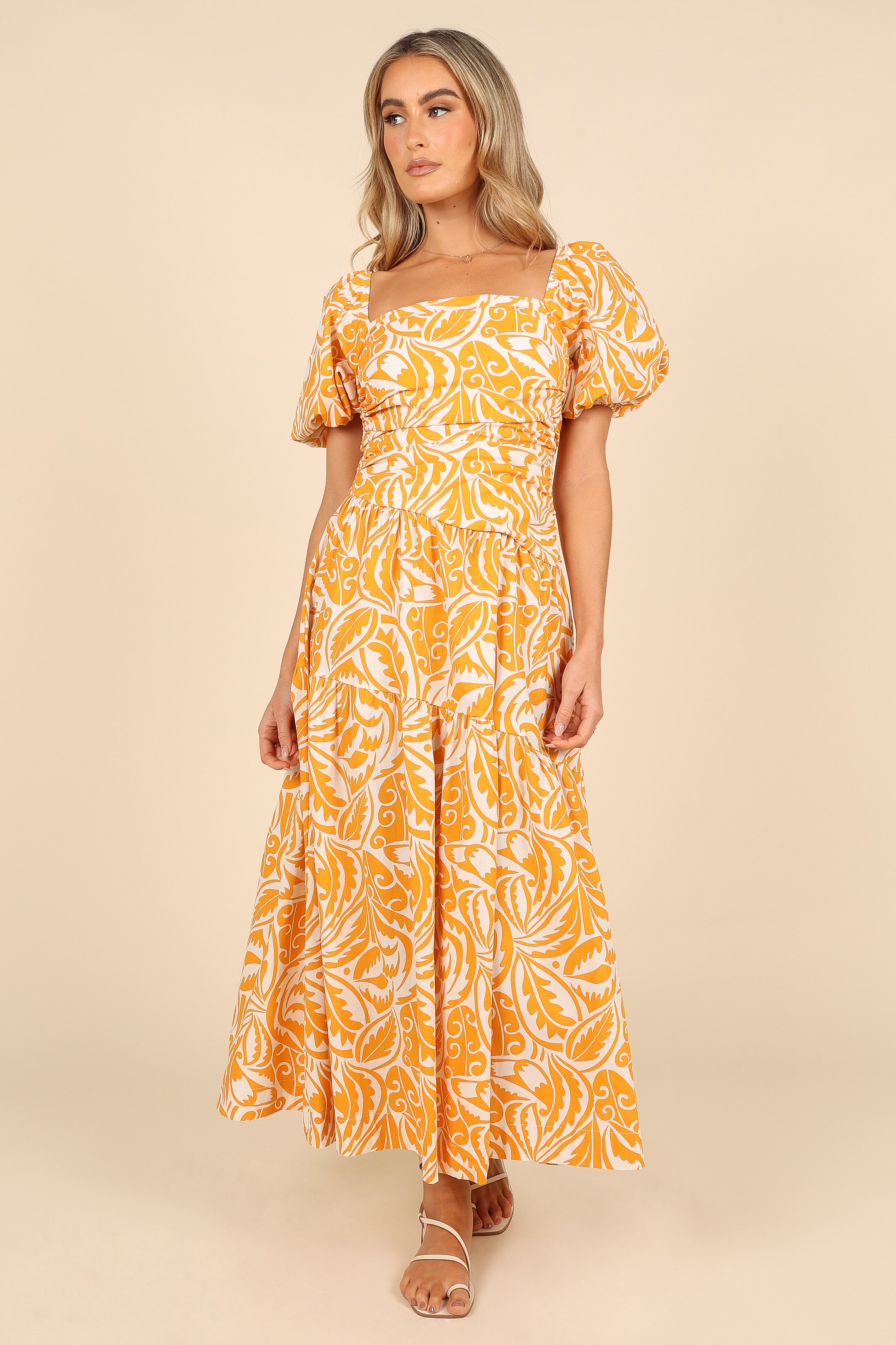 DRESSES @Gaylia Puff Sleeve Midi Dress - White/Orange (waiting on bulk)
