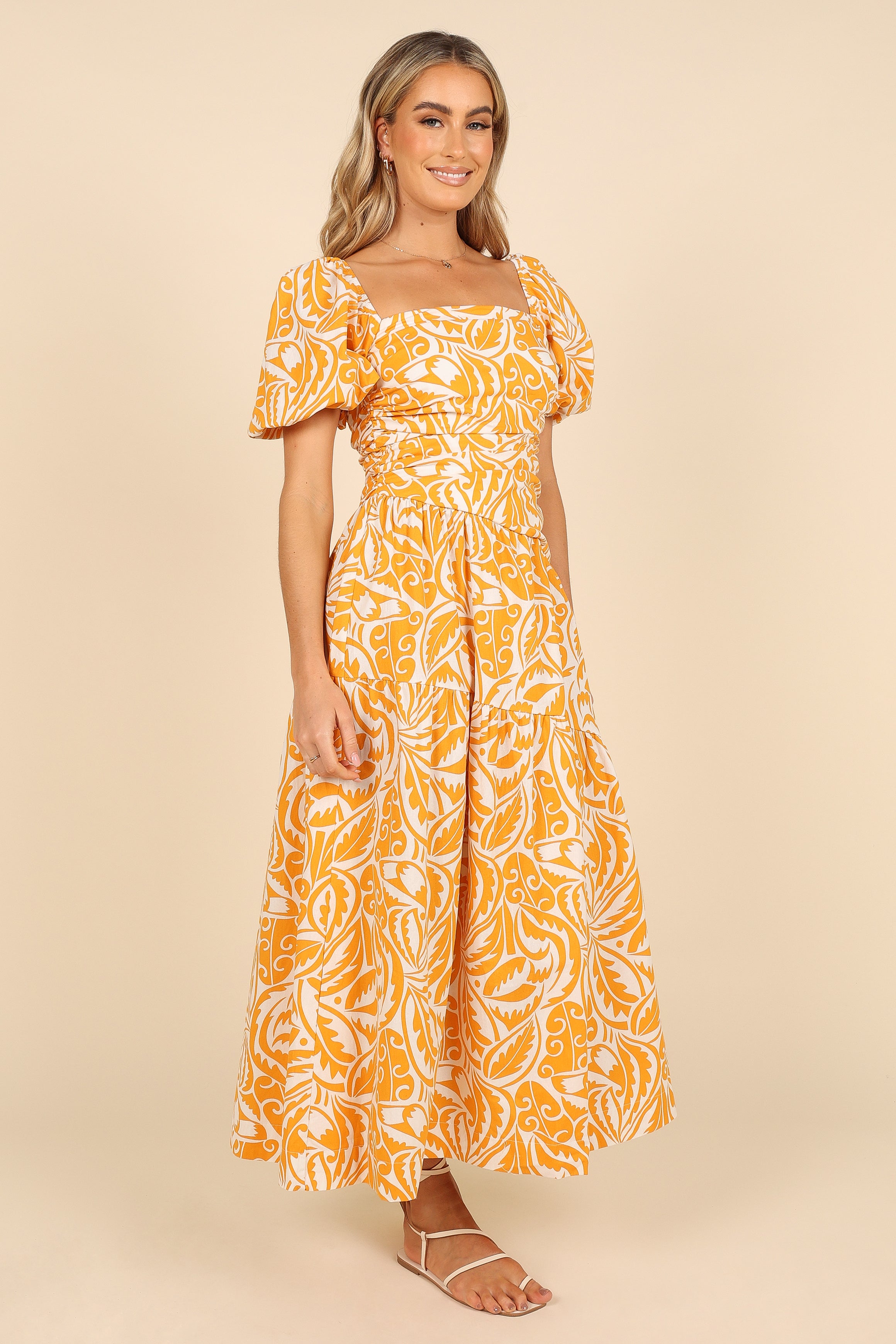 DRESSES @Gaylia Puff Sleeve Midi Dress - White/Orange (waiting on bulk)