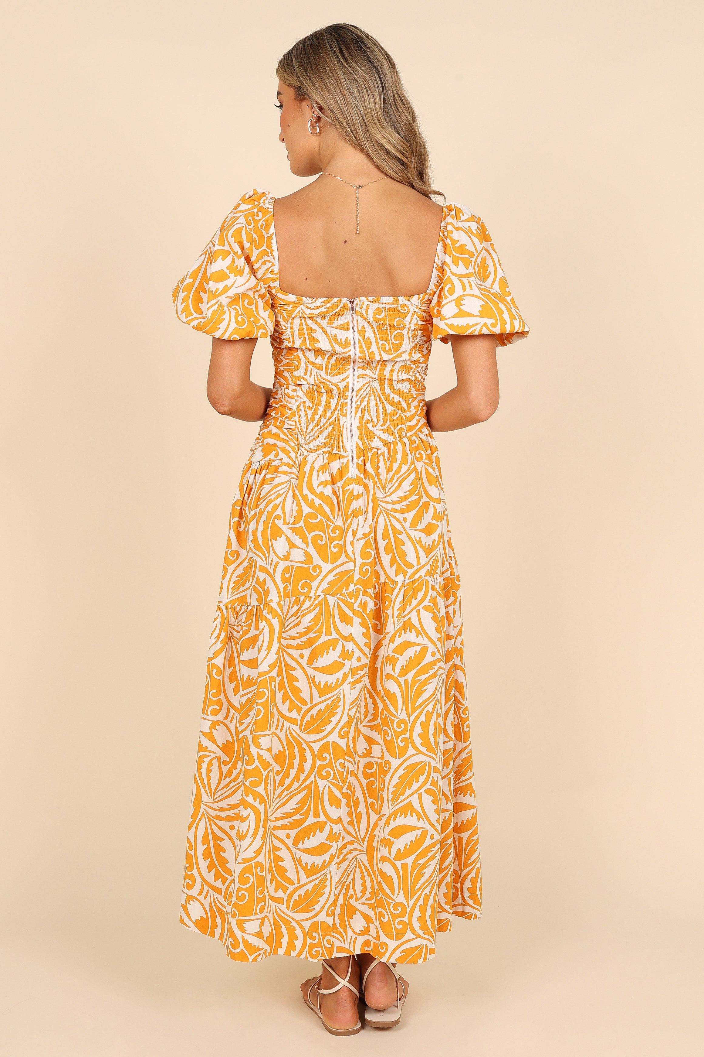 DRESSES @Gaylia Puff Sleeve Midi Dress - White/Orange (waiting on bulk)