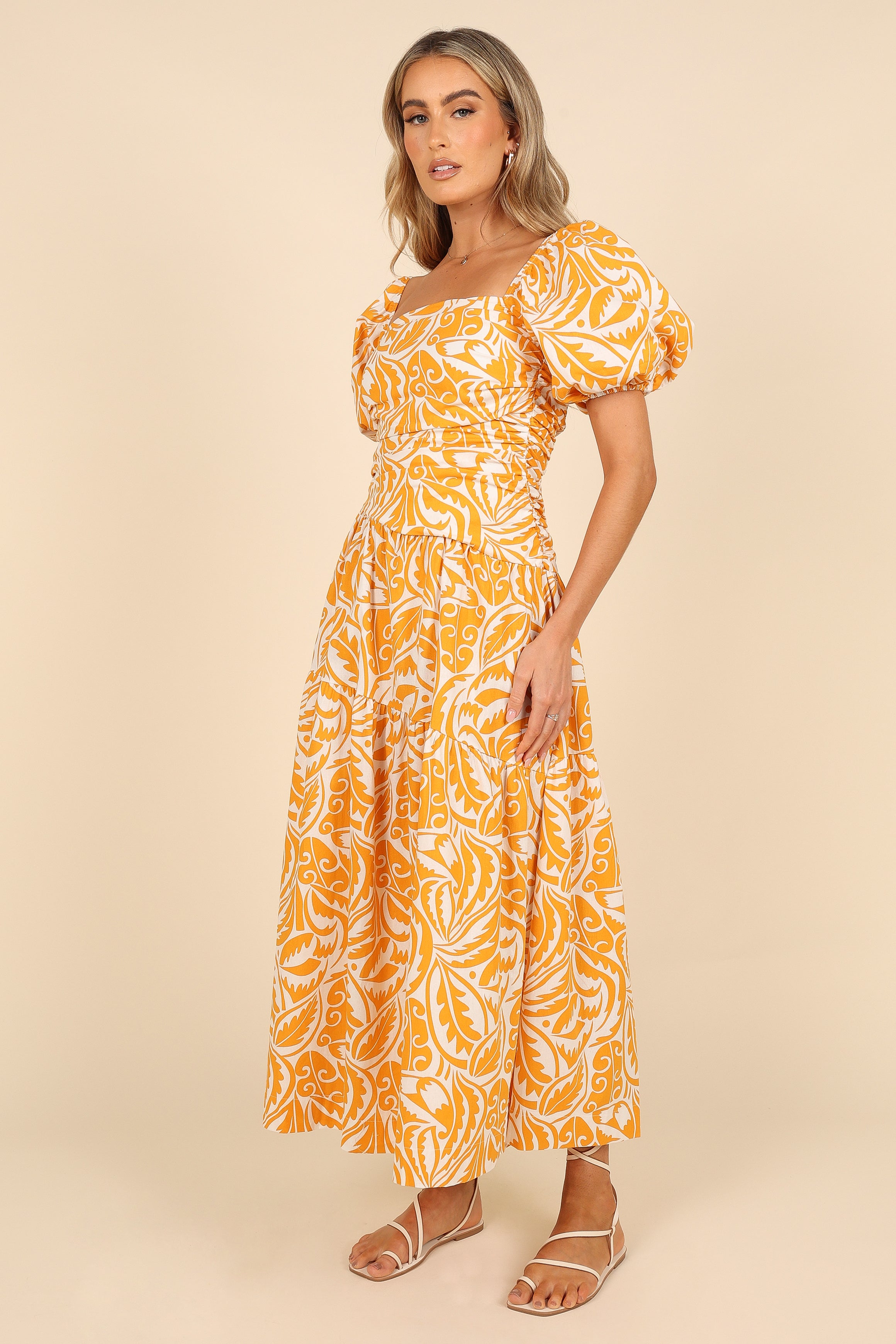 DRESSES @Gaylia Puff Sleeve Midi Dress - White/Orange (waiting on bulk)