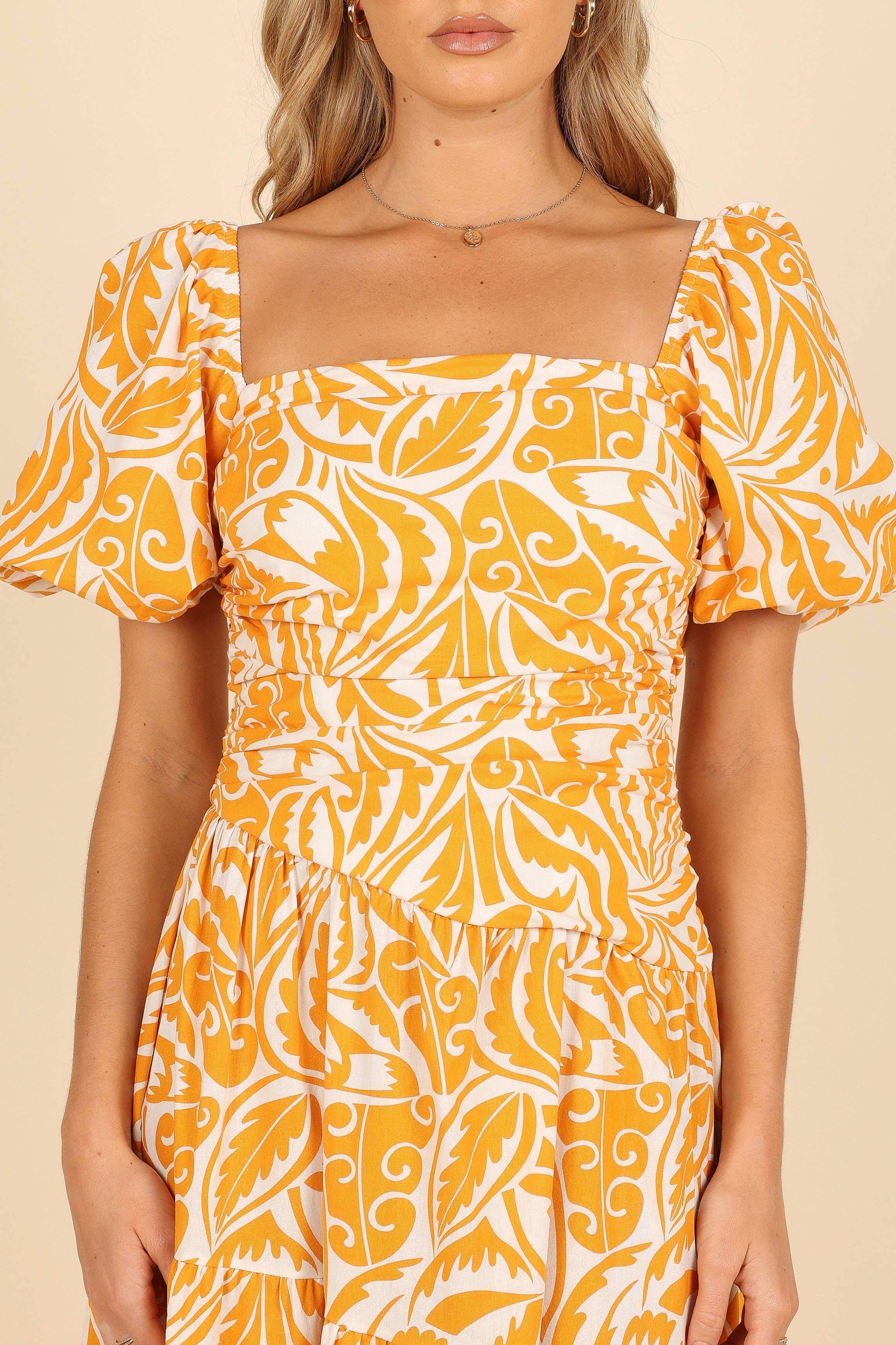 DRESSES @Gaylia Puff Sleeve Midi Dress - White/Orange (waiting on bulk)