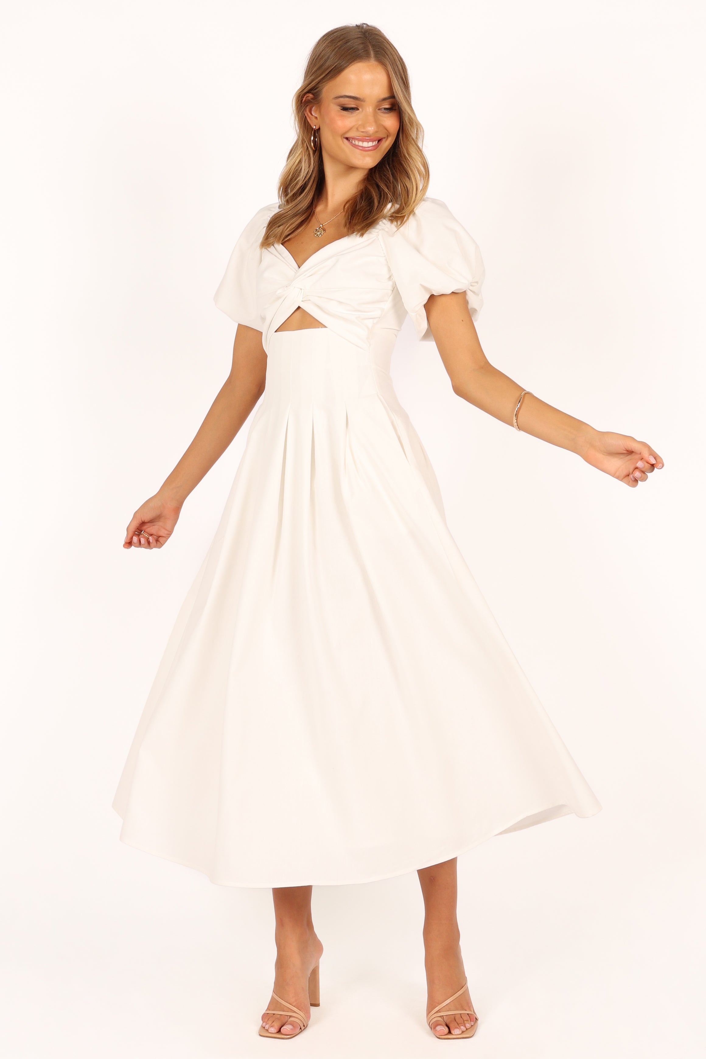 DRESSES @Maria Puff Sleeve Midi Dress - White