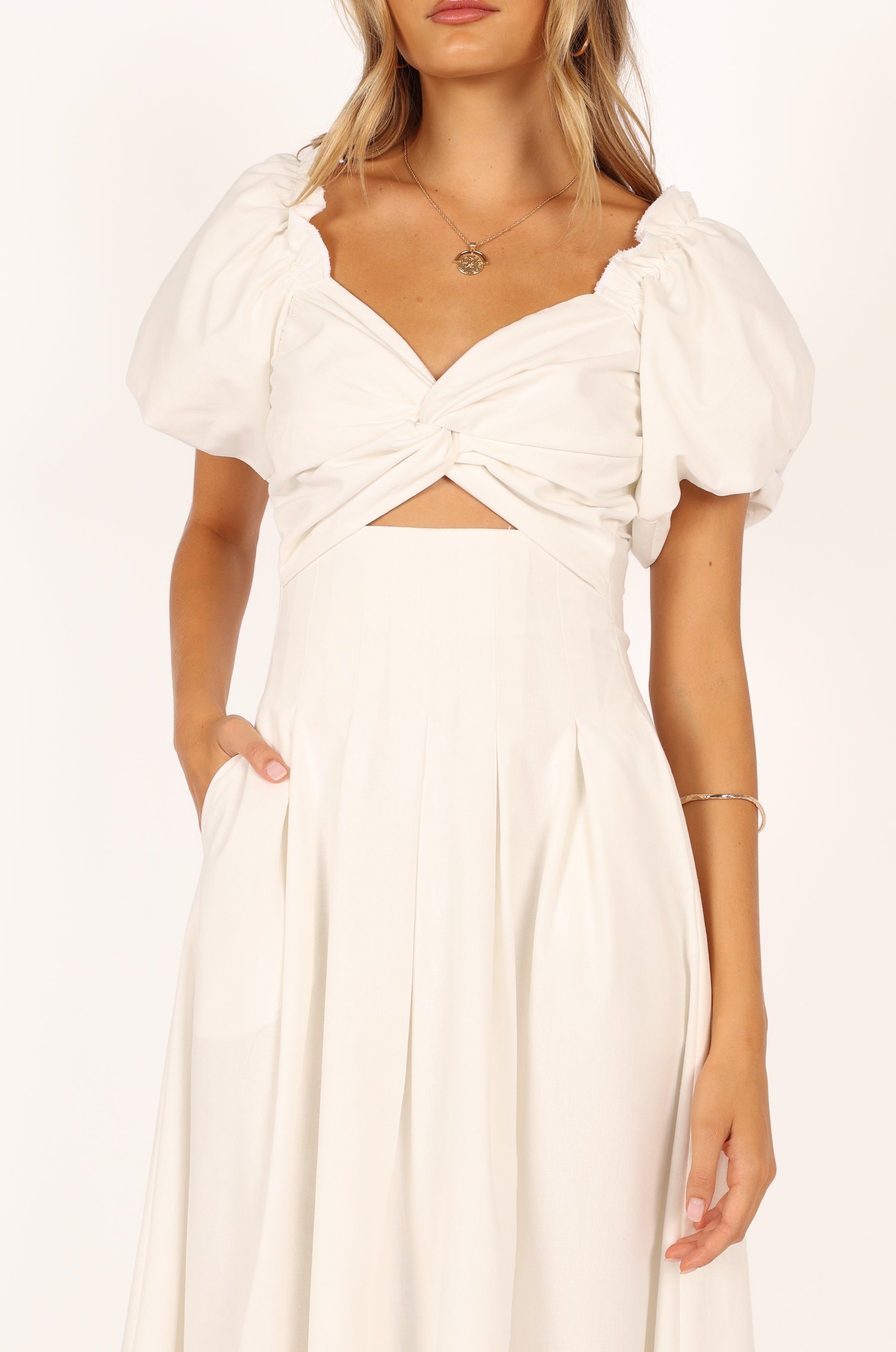 DRESSES @Maria Puff Sleeve Midi Dress - White