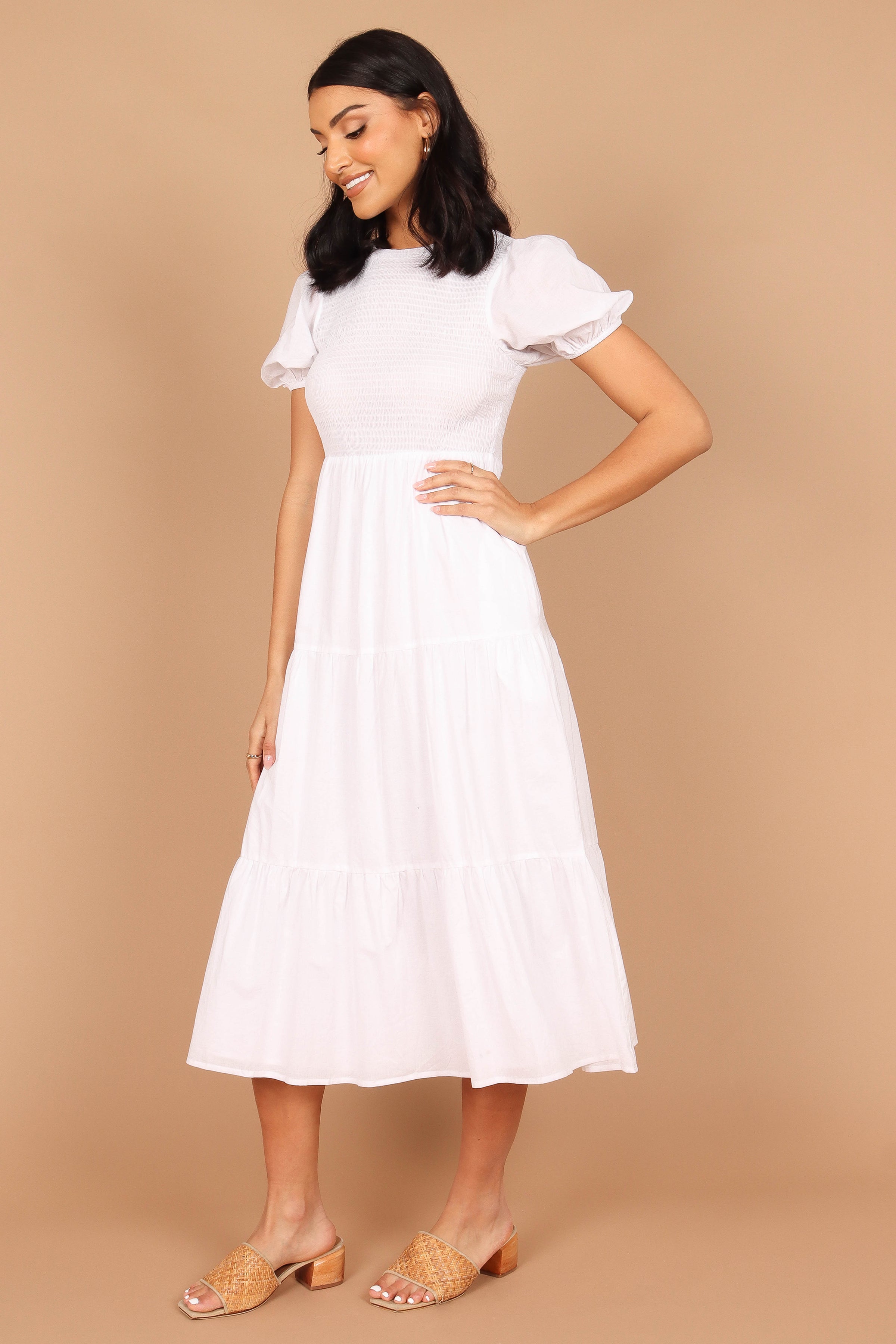 DRESSES @Naura Shirred Tiered Midi Dress - White (described)