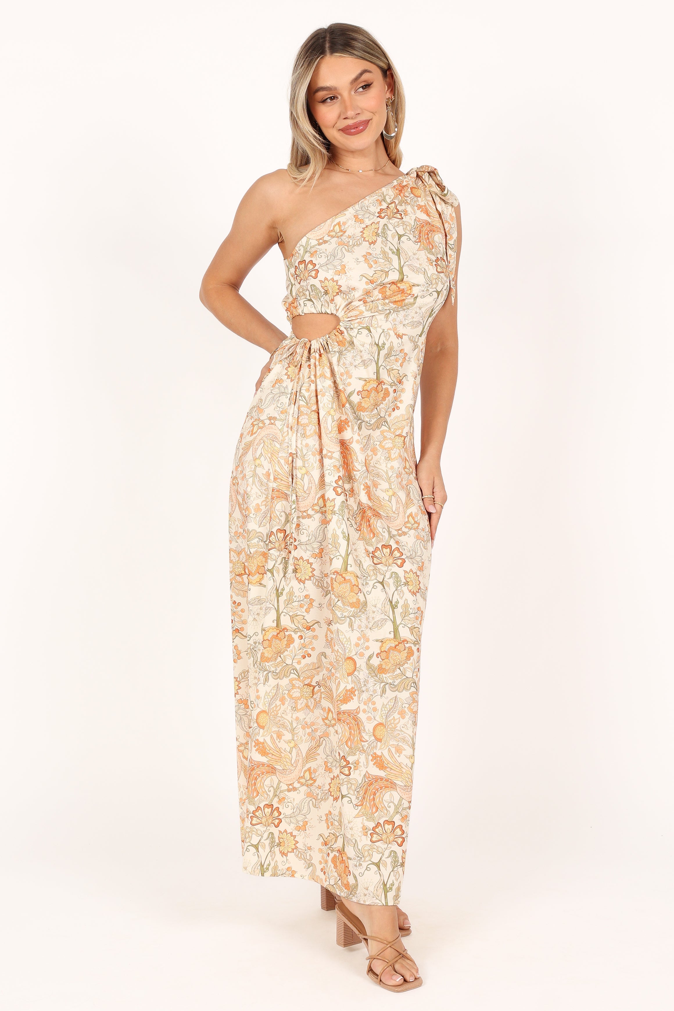 DRESSES @Ralie One Shoulder Maxi Dress - Tan Floral